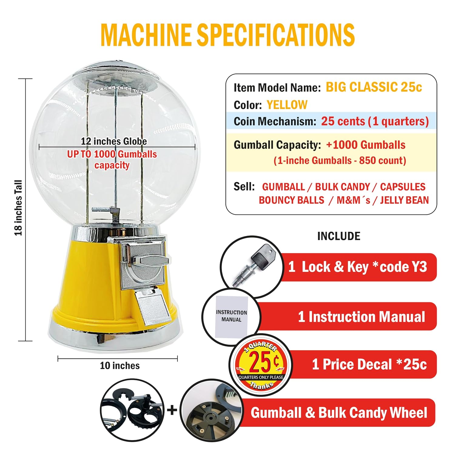 Big Classic Gumball Machine - 25 Cent Coin Mech & Ball Globe 12"
