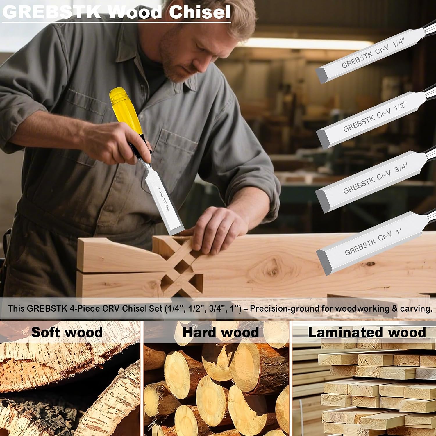 4 Piece Wood Chisel Set CR-V Steel Sharp Bevel Edge for Woodworking | Chromium Vanadium, High Hardness & Durability.