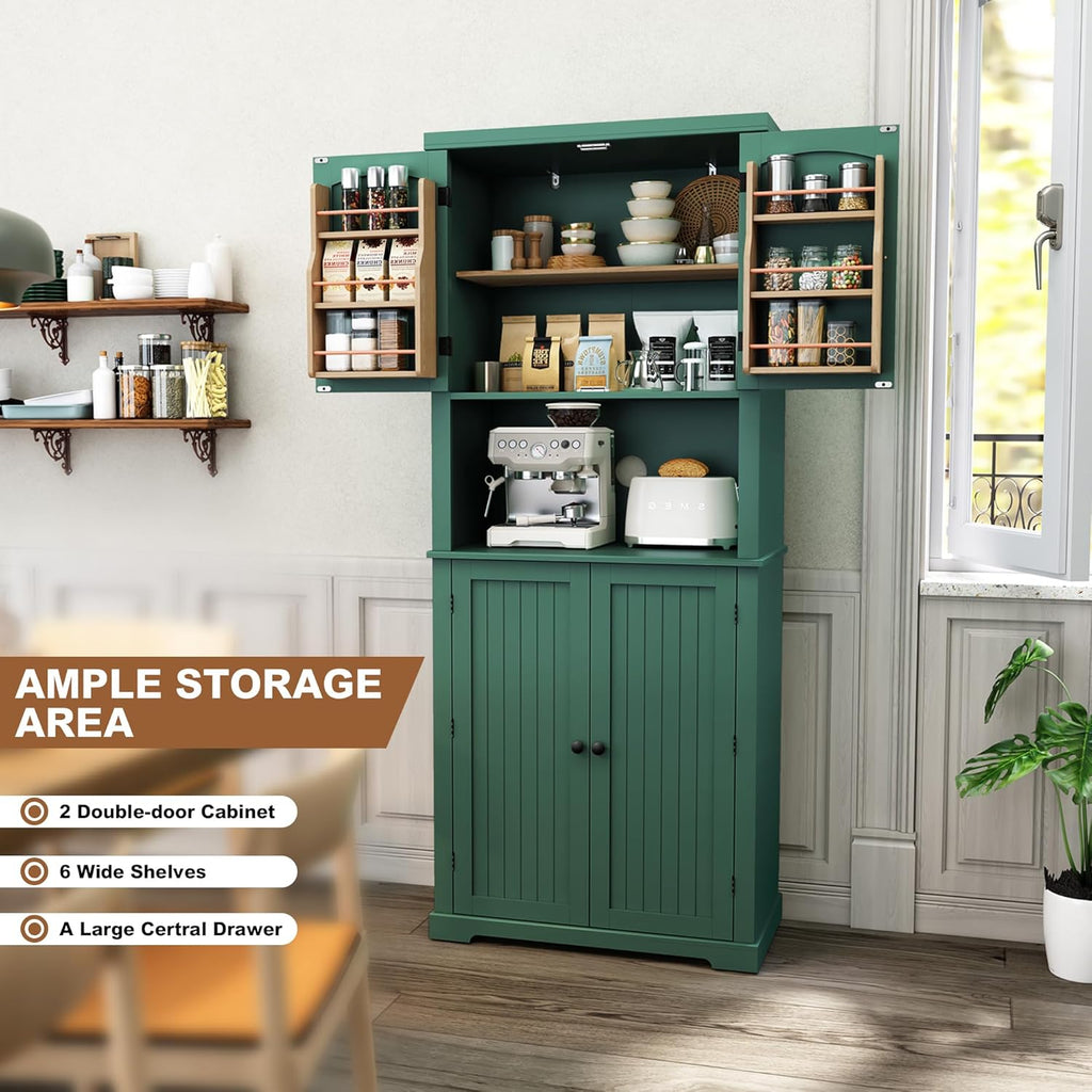 72" Kitchen Pantry Storage Cabinet with Open Countertop, Freestanding Larder Cupboard with Microwave Stand, Utility