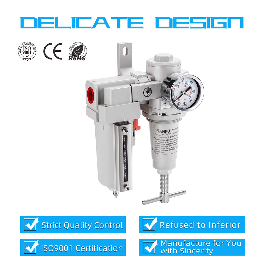 NANPU 1/2" NPT High Pressure Air Filter/Regulator Combo, T-Handle