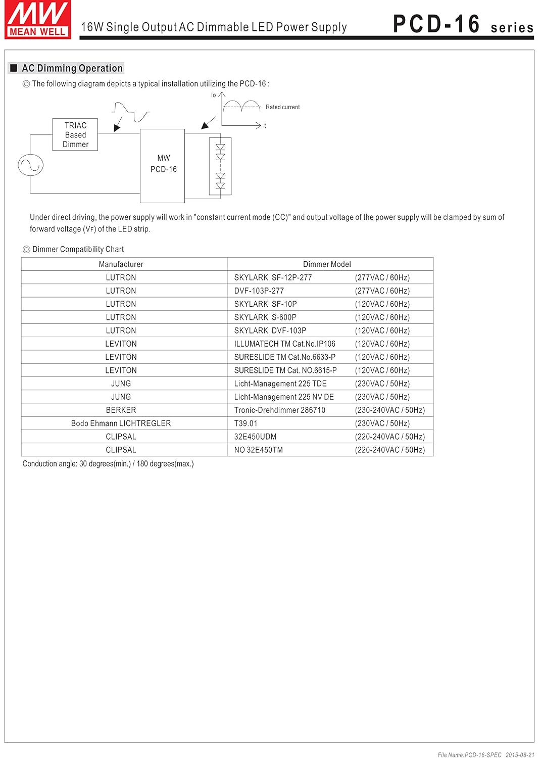 MEAN WELL PCD-16-700A LED Driver Enclosed Switching Power Supply, Phase Dimmer Range 90-135VAC, 16 to 24 Volt, 0.7 Amp, 16.8 Watt