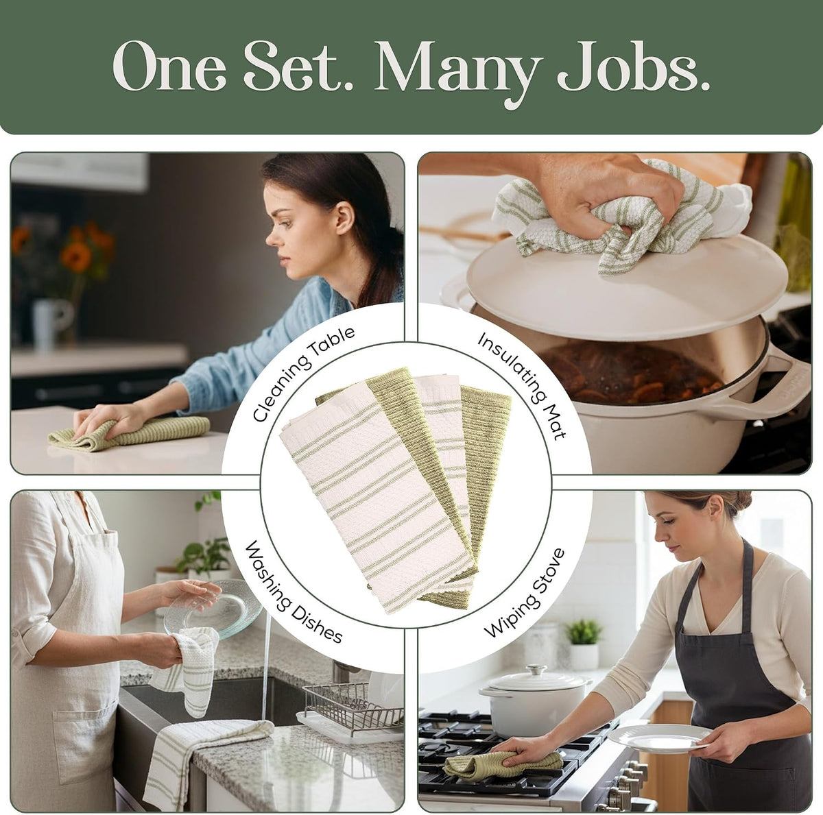 Kitchen Towels, Cotton Hand Towels, Sage Green and Cream Ribbed - Mini Weaved Stitched Set of 4 Absorbent Hand Drying