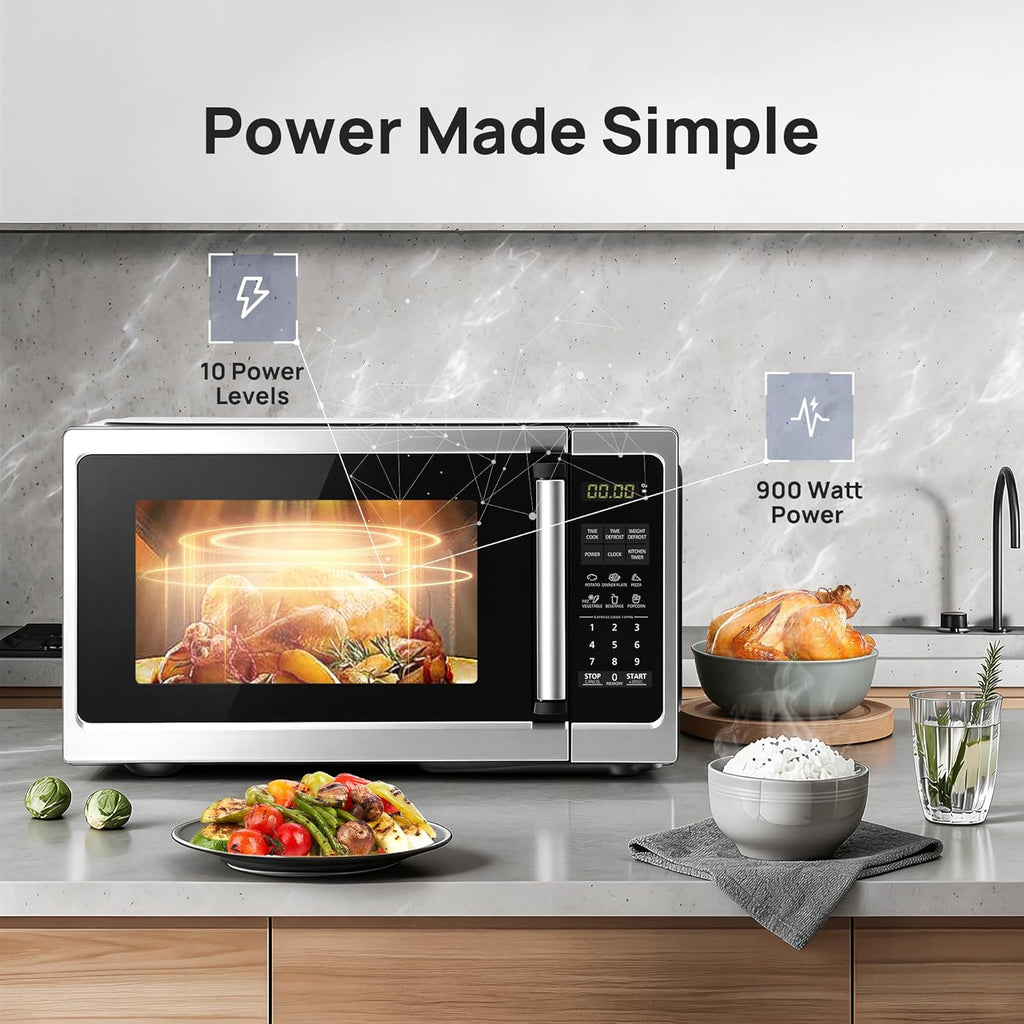 Countertop Microwave Oven 0.9 Cu. Ft, 900W Small Compact Microwave with LED Lighting, 6 Auto Menus, Turntable, Child