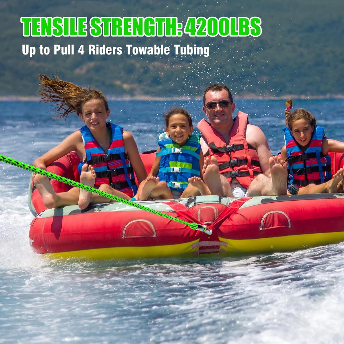 4-6K 60FT Boat Tow Rope for Tubing, Fits 1-4 Person Towable Tubes Boating, Heavy-Duty Floating Tube Tow Rope for