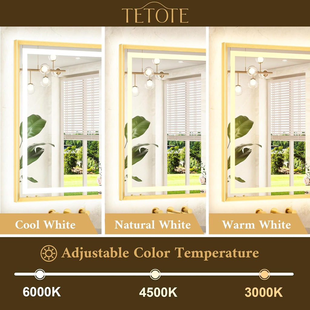 24 x 36 Bathroom LED Mirror Brushed Gold Metal Frame Frontlit & Backlit Vanity Mirror Anti-Fog Stepless Dimmable 3