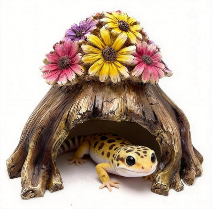 Humid Hide for Leopard Gecko – Resin Reptile Hide with Artificial Flowers, Tree Stump Cave for Crested Gecko Corn