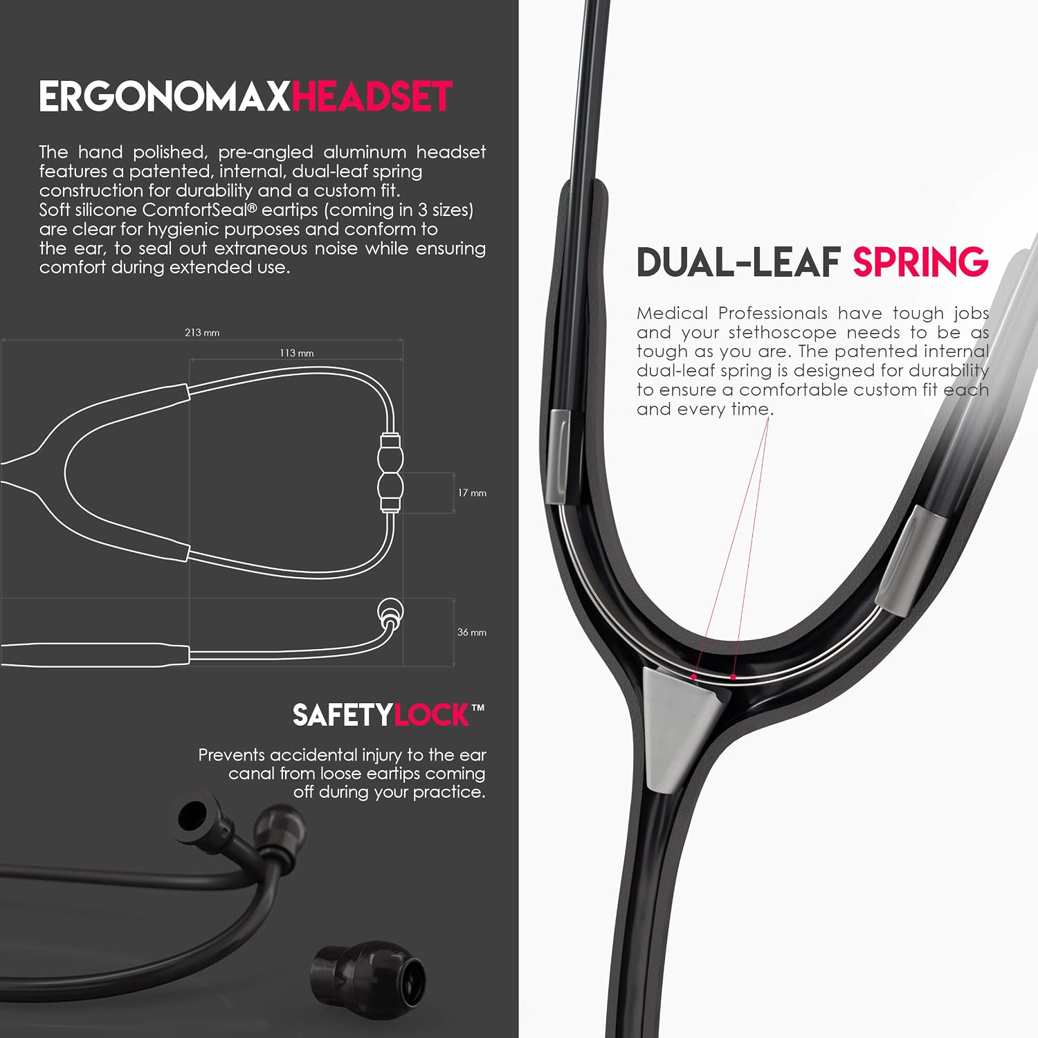 Acoustica Lightweight Stethoscope for Doctors, Nurses, Students, Home Health Use, Dual Head, Black Tube, Black