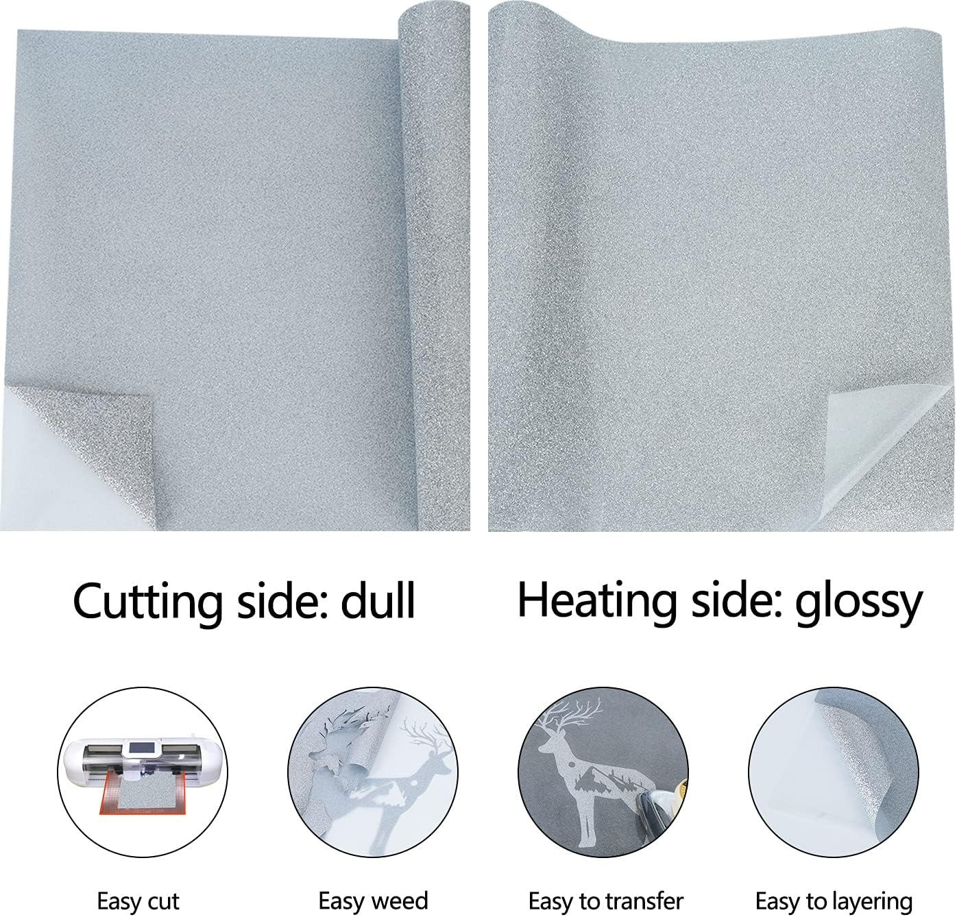 Glitter HTV Heat Transfer Vinyl Rolls, Silver 12" x 8ft | Glitter Iron on Vinyl for T Shirts, HTV Vinyl for All