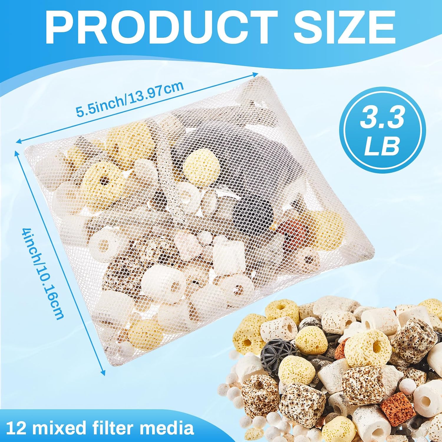 3 Bags Aquarium Filter Media Bio Balls Ceramic Rings Set 1500 g Total 3.3 lb 12 in 1 with Mesh Bag Ceramic Rings for