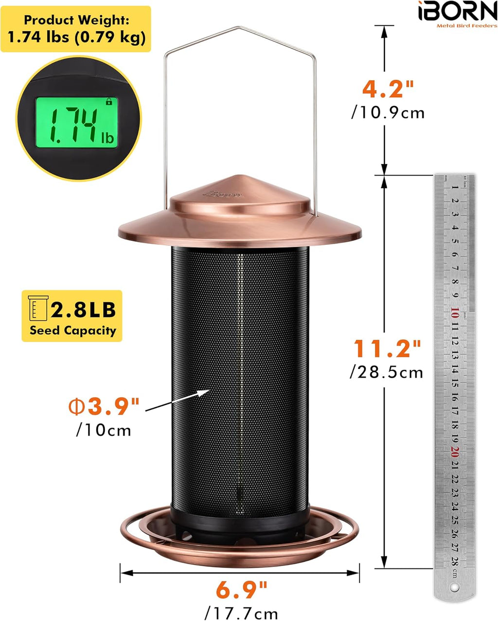 Bird Feeders for Outdoors, Metal Mesh Tube, 2.8LB, Copper-Plating, 1PK
