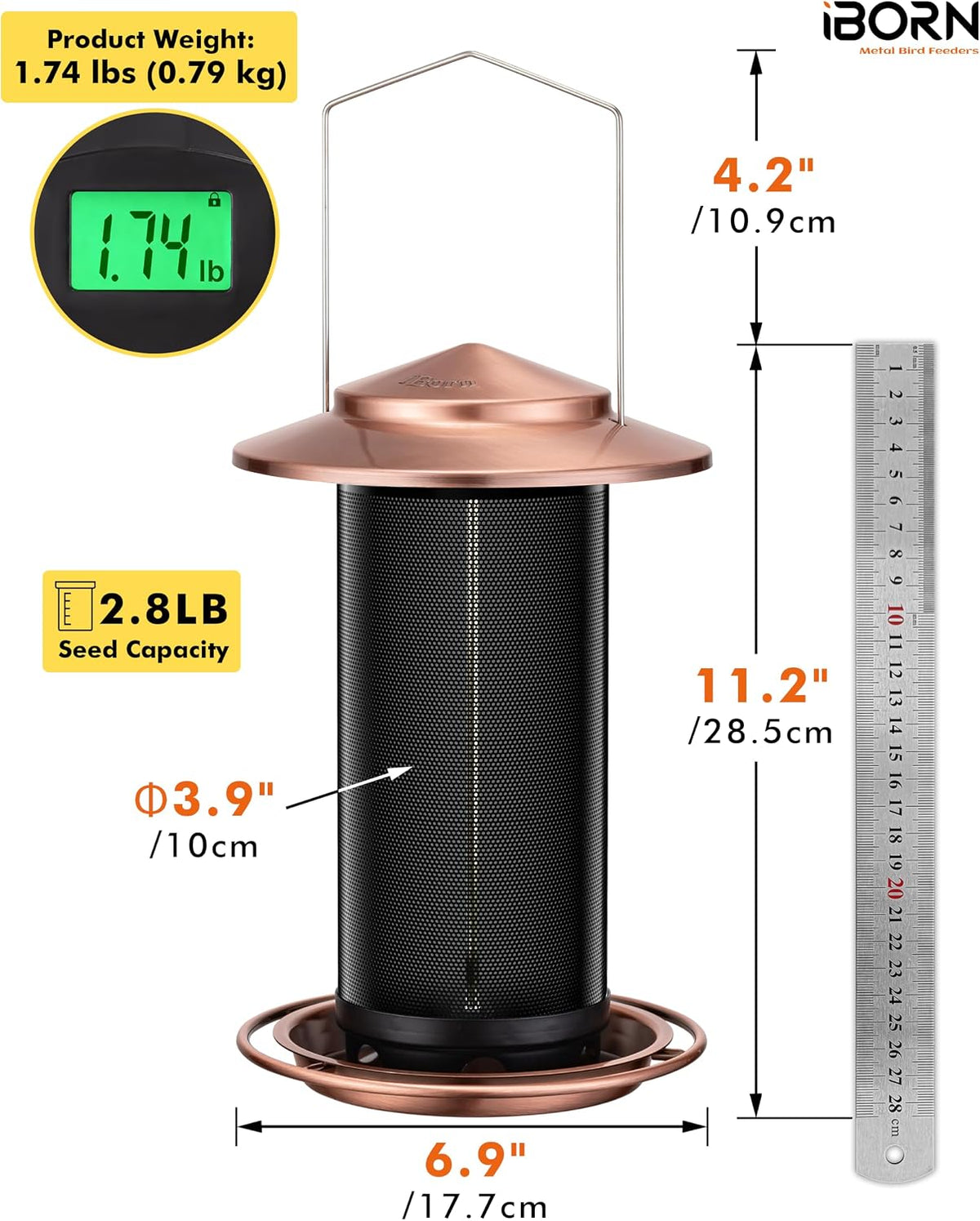 Bird Feeders for Outdoors, Metal Mesh Tube, 2.8LB, Copper-Plating, 1PK