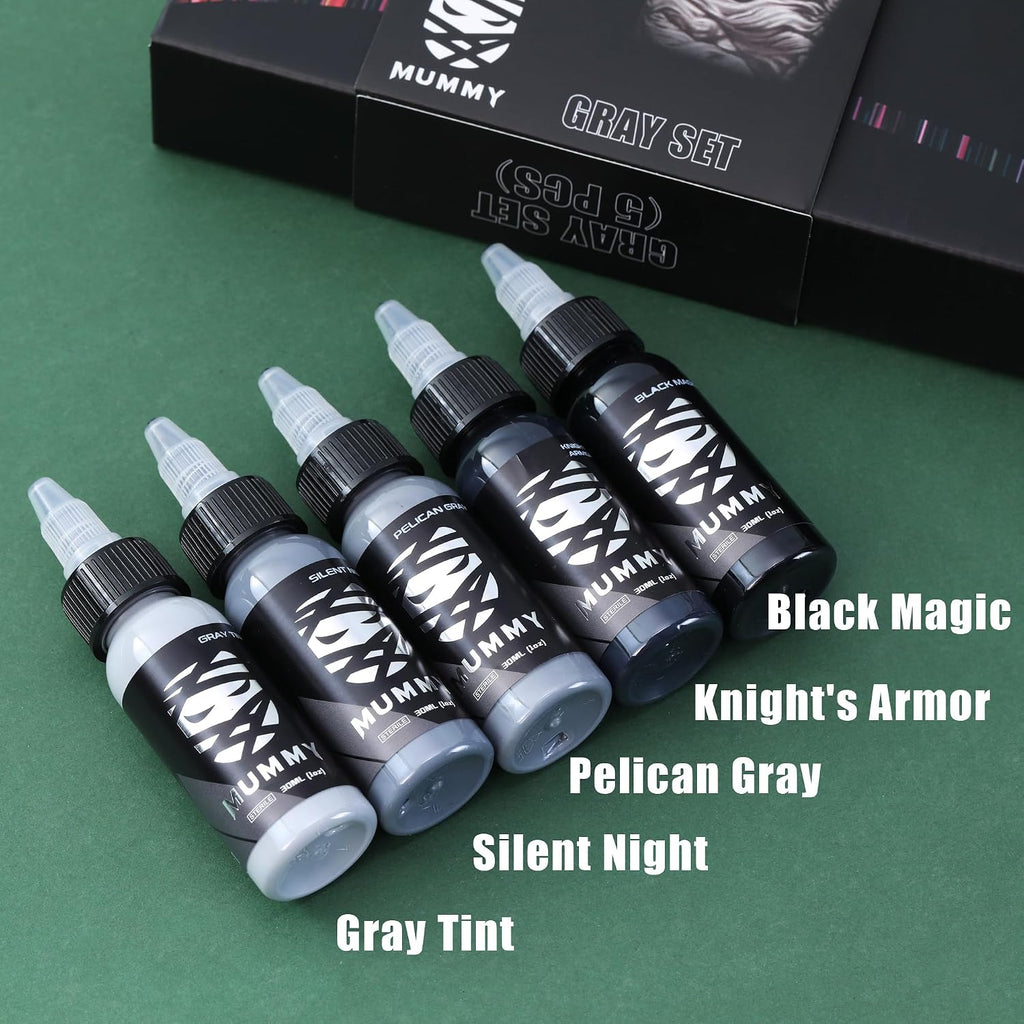 Grey Series Tattoo Ink Set - 5 Bottles (1 oz Each) Includes: Black Magic, Knight's Armor, Silent Night, Pelican Gray