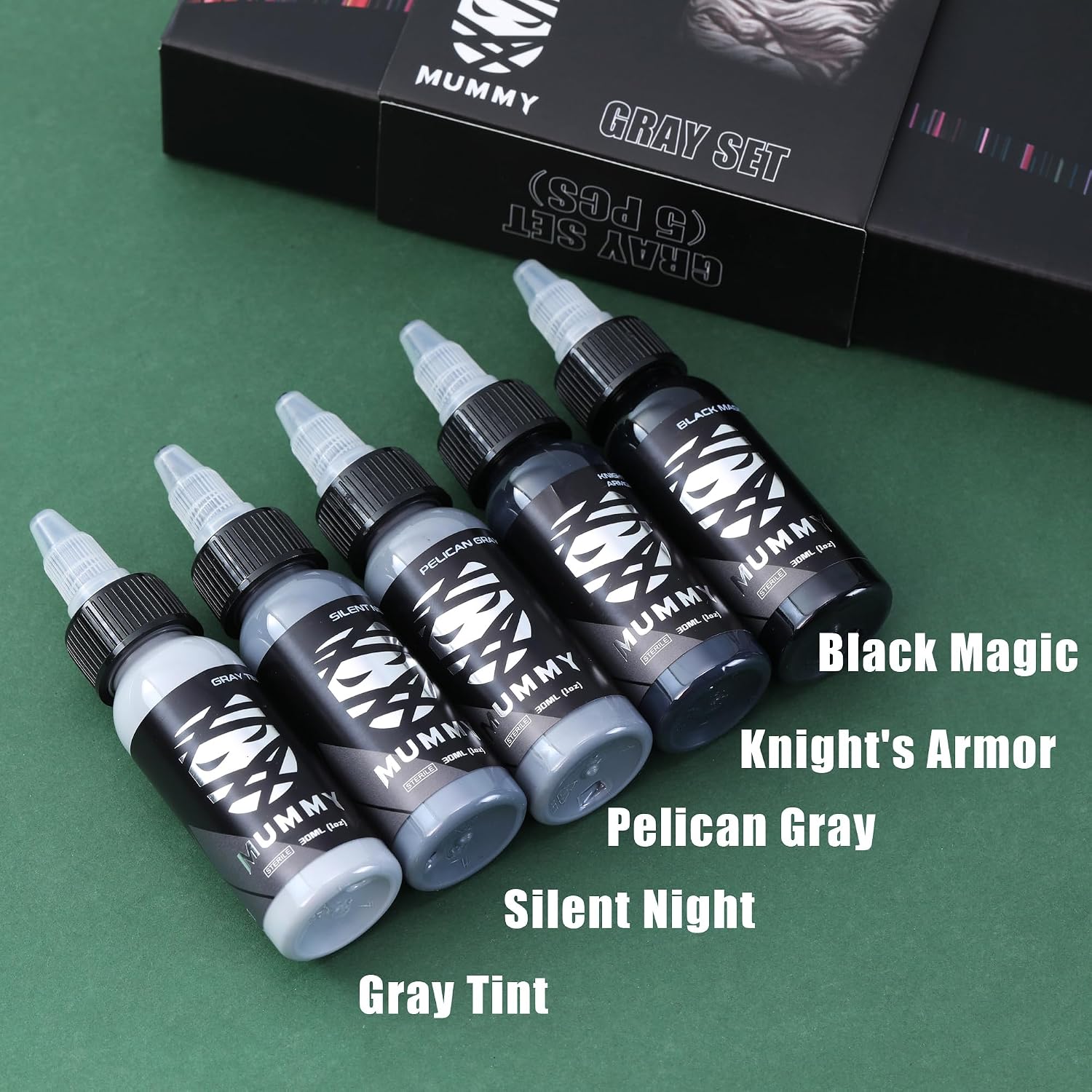 Grey Series Tattoo Ink Set - 5 Bottles (1 oz Each) Includes: Black Magic, Knight's Armor, Silent Night, Pelican Gray