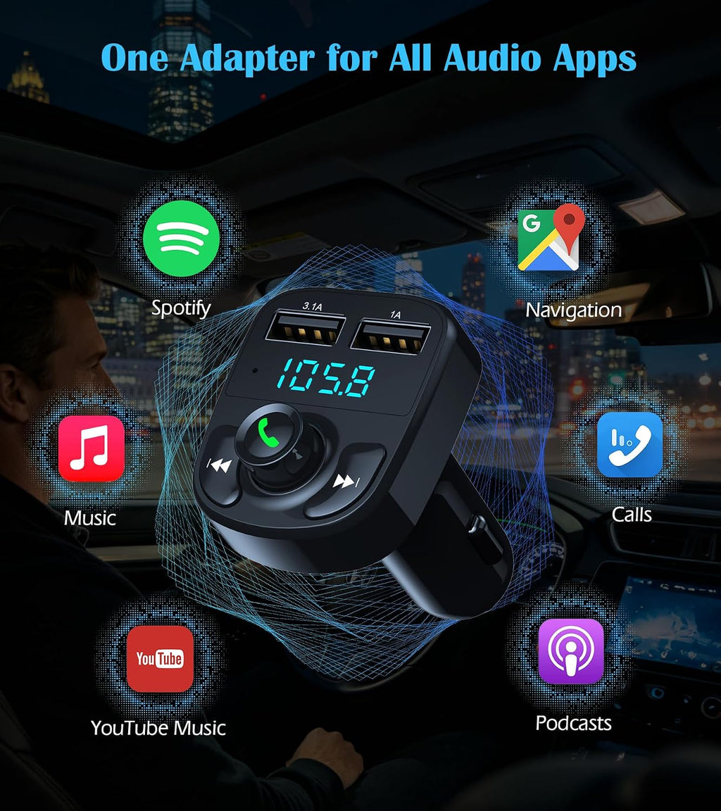 Bluetooth Car Adapter 5.3, FM Transmitter, Dual USB Charger | Stream music, Spotify and GPS navigation with