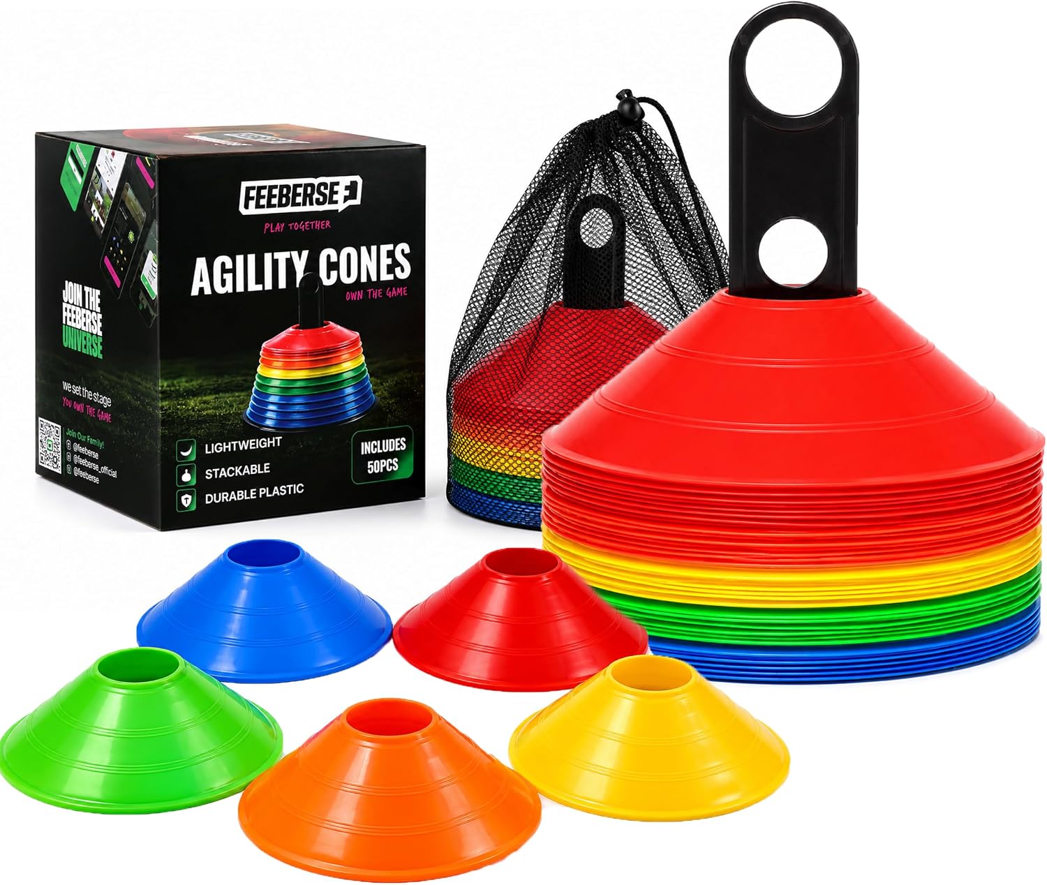 Agility Training Cones 25 Pack, Soccer Disc Cones with Holder, 5-Color Sports Cones for Speed