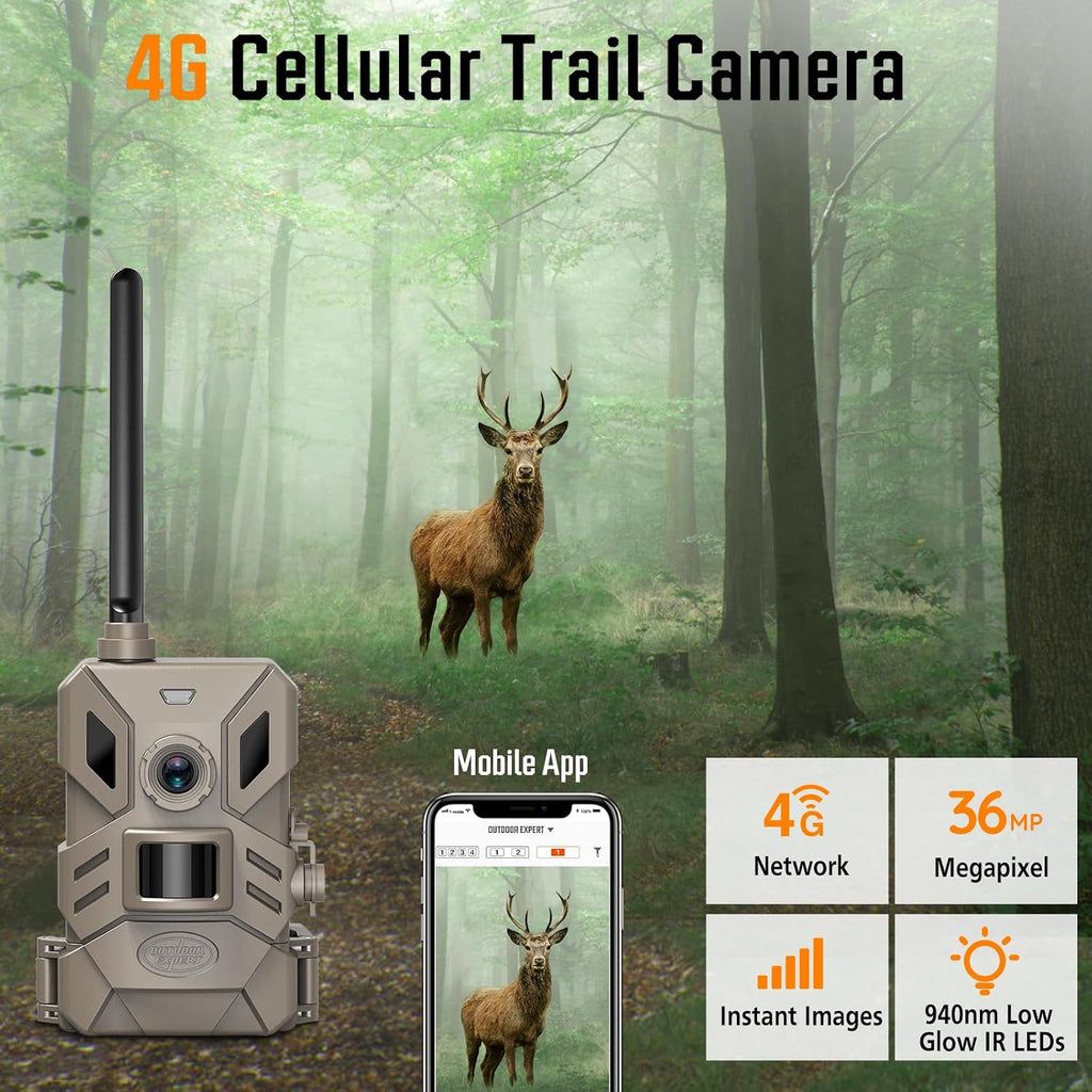 4G Cellular Trail Camera with No Glow 940nmNight Vision,36MP Hunting Camera HD Video IP66 Waterproof Game Cam,90FT