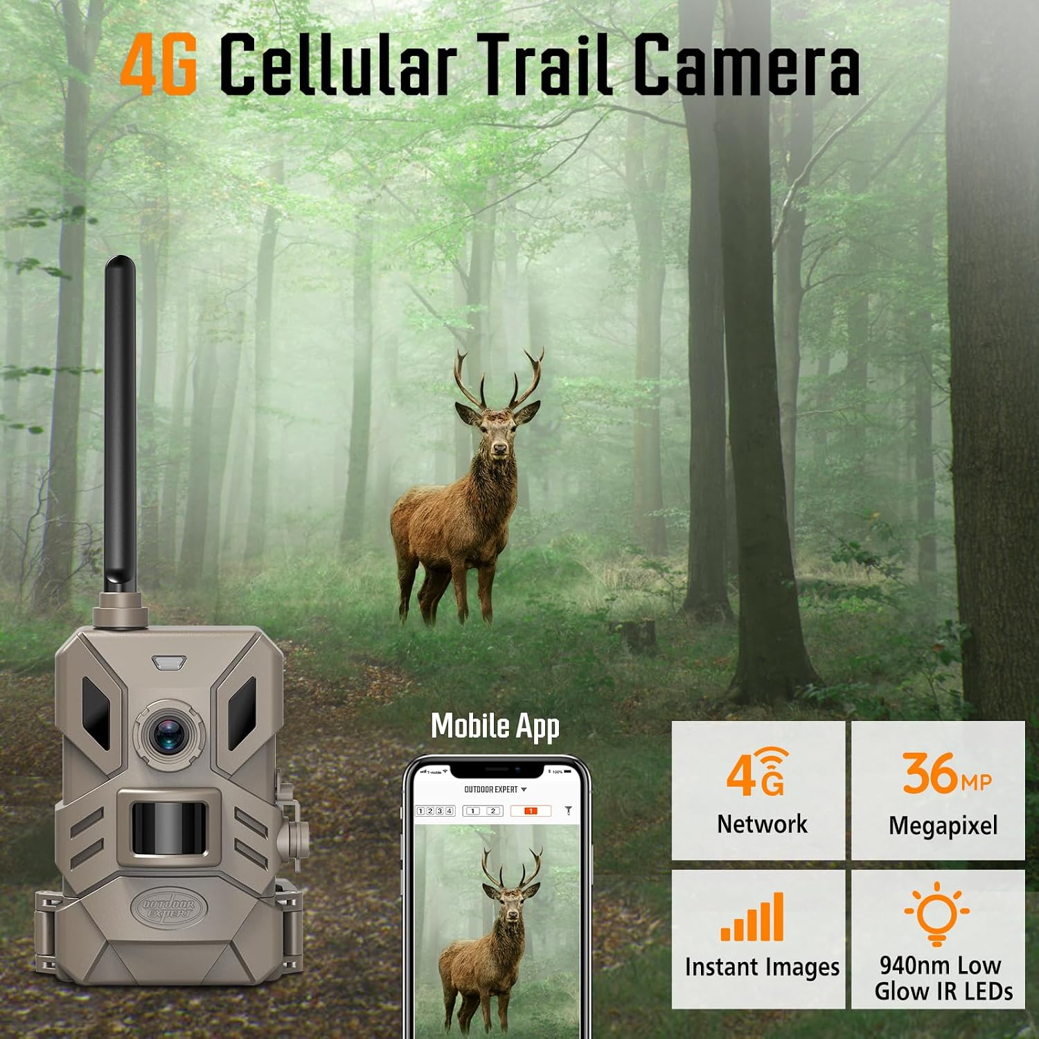4G Cellular Trail Camera with No Glow 940nmNight Vision,36MP Hunting Camera HD Video IP66 Waterproof Game Cam,90FT