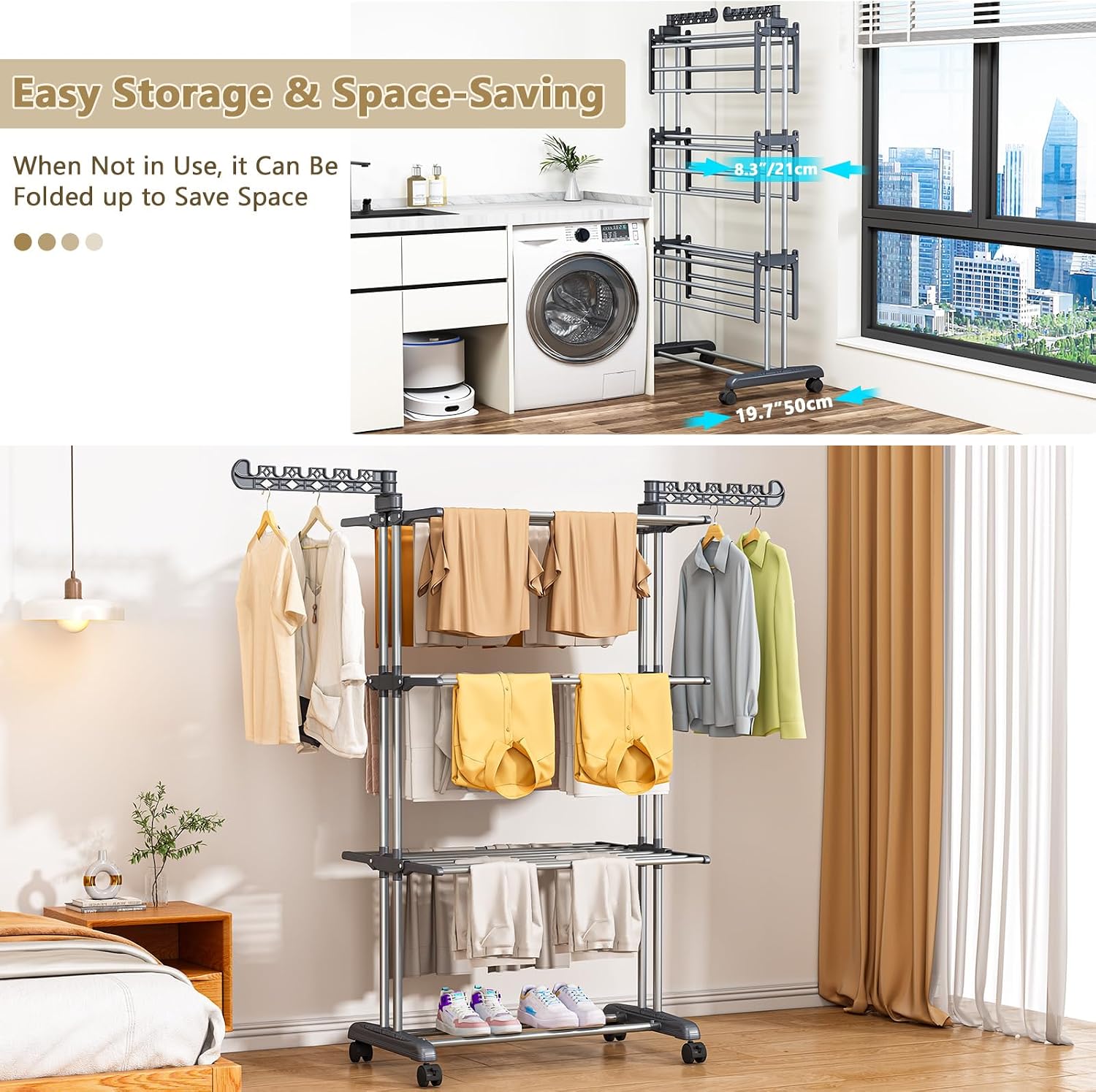 𝟖𝟎% 𝟎𝐟𝐟 Clothes Drying Rack Foldable, 4-Tier Drying Rack with Wheels | Upgraded Foldable Laundry Drying Rack, Clothes