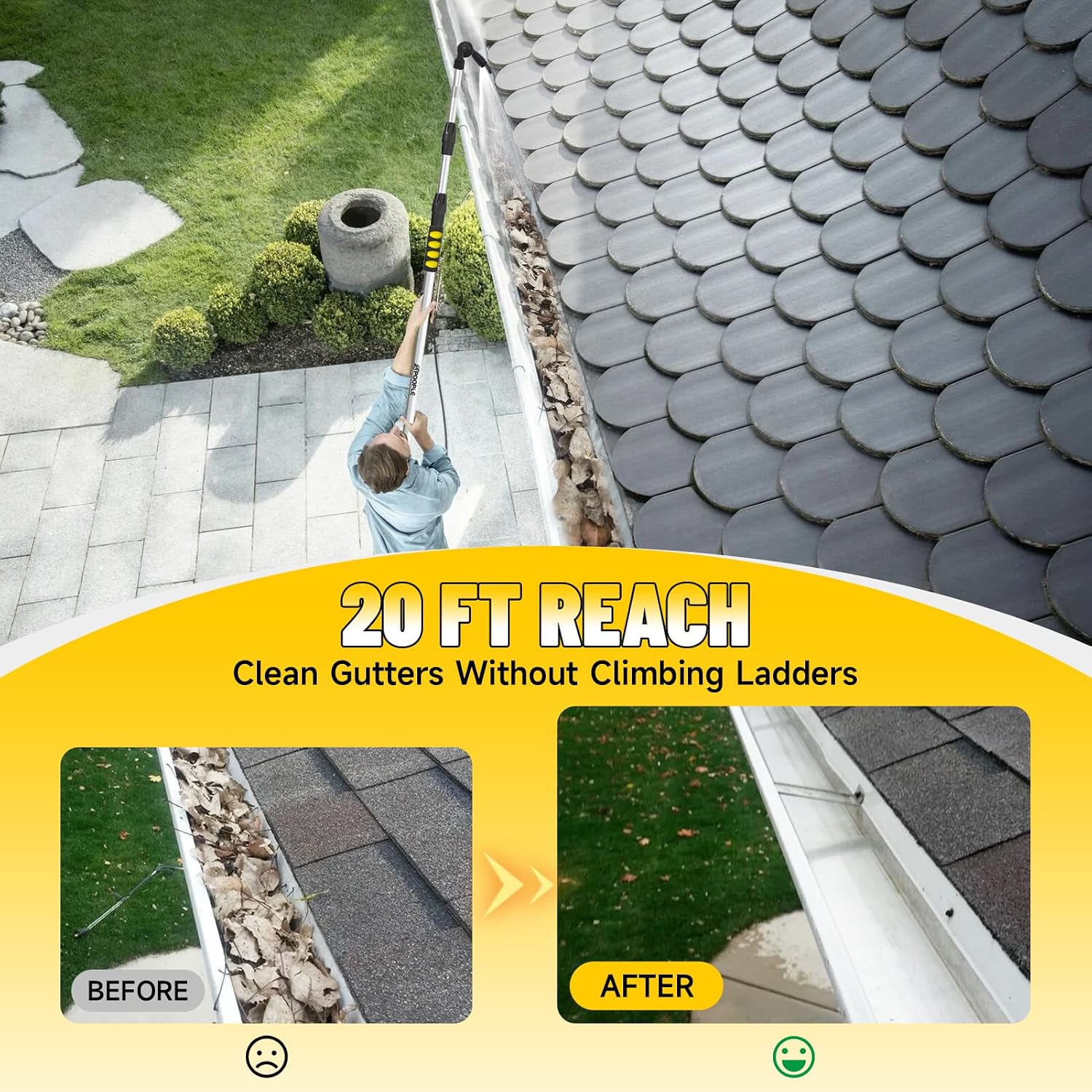 12ft (20ft Reach) Gutter Cleaning Tools from The Ground, Telescoping Rain Gutter Cleaner Tool, 270° Rotatable Gutters