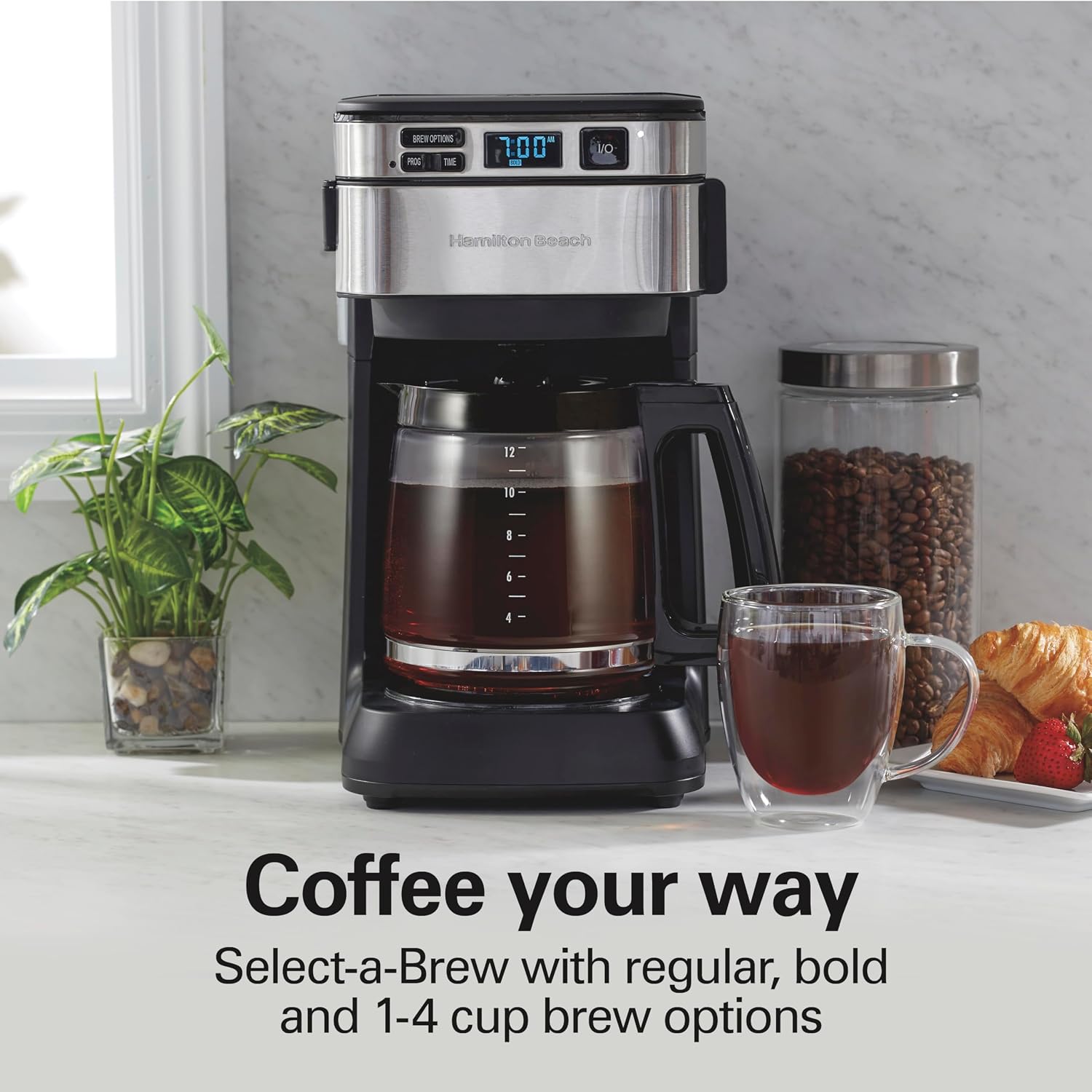 FrontFill 12 Cup Programmable Drip Coffee Maker | Regular & Bold Brew Options | Auto Pause and Pour | Glass Carafe |