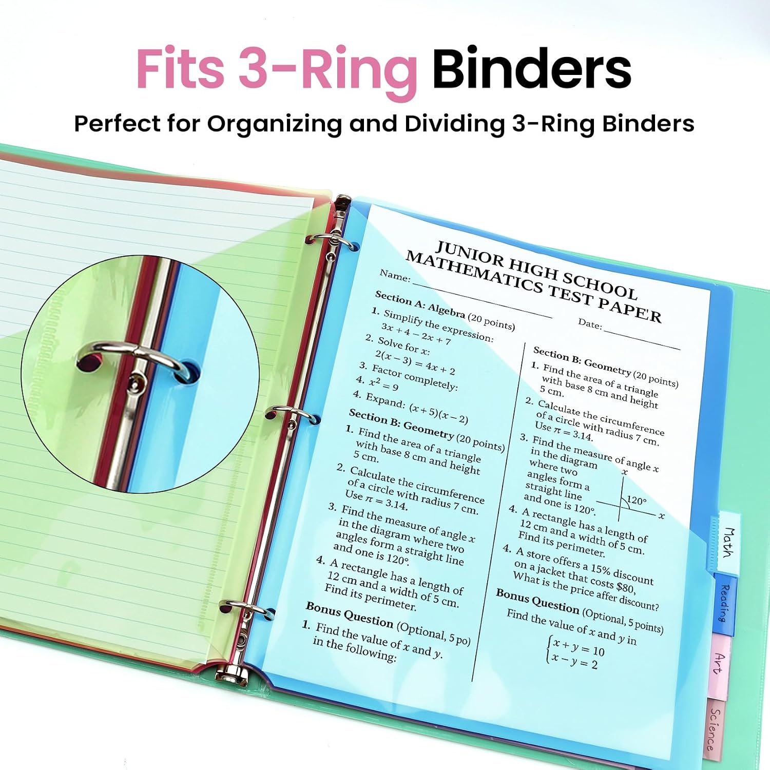 16 Count Dividers for 3 Ring Binder with Two Pockets, 8 Tabs Set | Plastic Binder Index Dividers, Perfect for Office