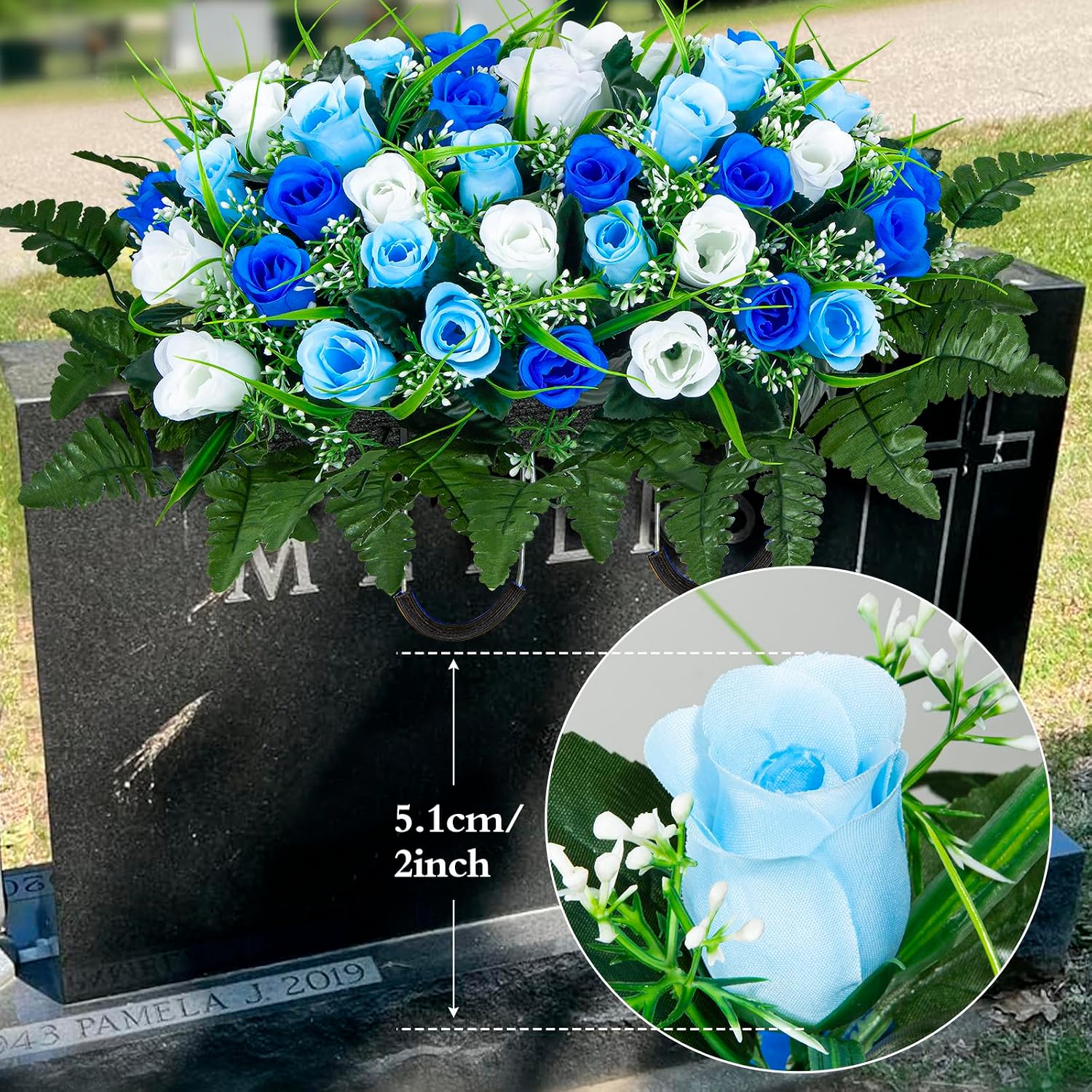 Artificial Cemetery Flowers Saddle, 2 Sets Grave Flowers Rose with Vase, Memorial Headstone Flowers Saddle for