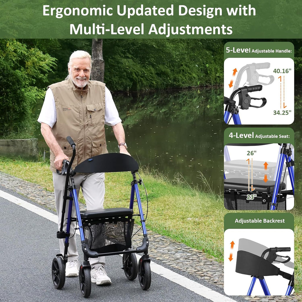 Rollator Walker for Seniors, 10 Inch Big Wheels, Reinforced Aluminum Frame 350lb Weight Capacity, Foldable All