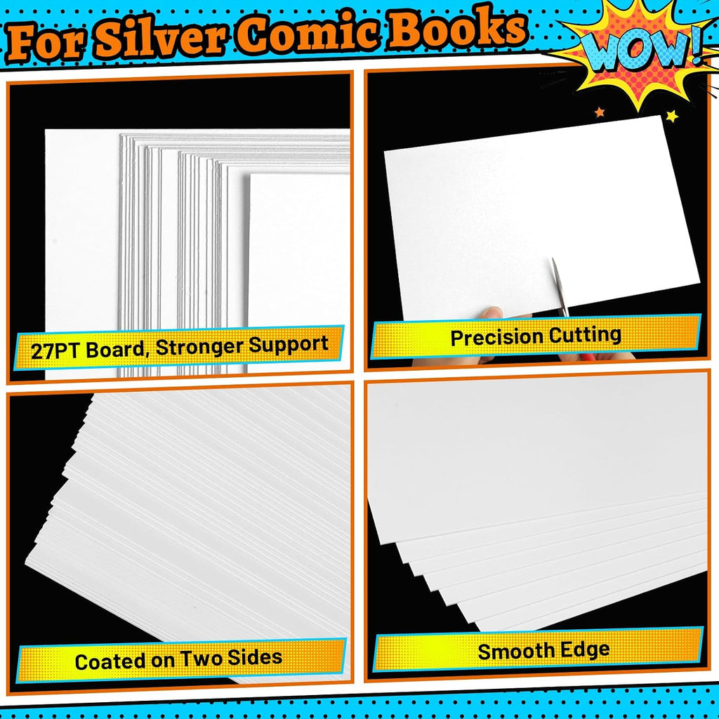 100 Sets Silver Age Comic Book Bags and Boards Thickened 27PT Comic Boards | 7 x 10.5 Inch Acid-Free Backing Boards