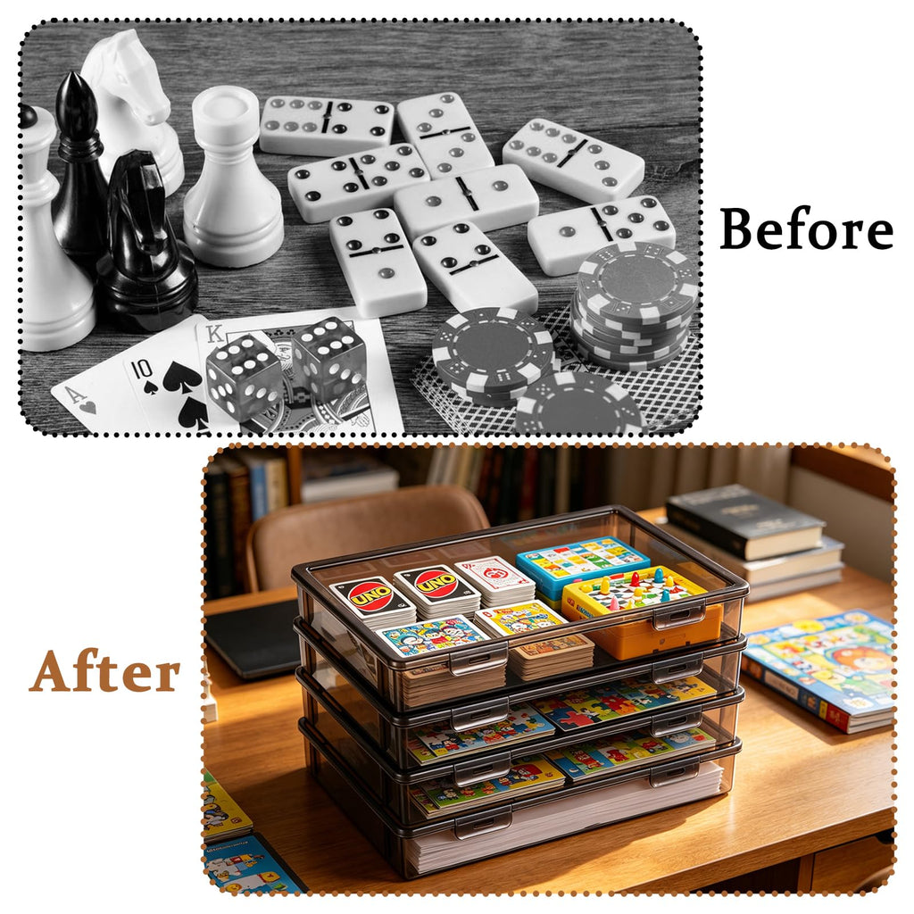 4 Pcs Board Game Storage Stackable Organizer Box with Snap Latch Lid Plastic Container Case for Board Games Puzzles