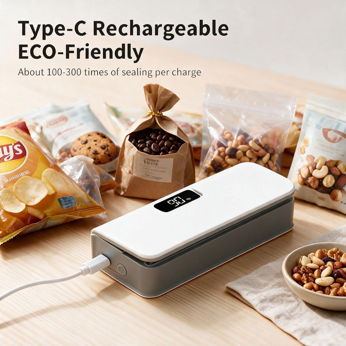 Mini Bag Sealer & Cutter, USB-C Rechargeable, 6-Gear Adjustable Heat, LED Display, Magnetic, for