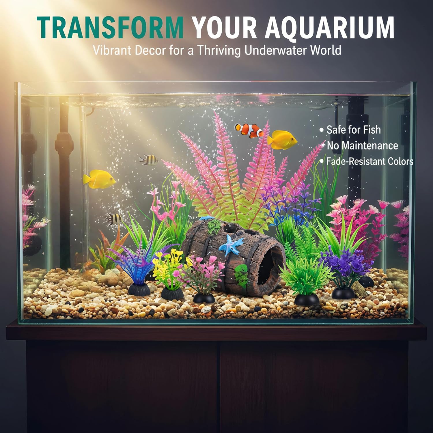 11 Aquarium Plants & Fish Tank Broken Barrel Cave Decorations Set | Broken Barrel Cave and Soft Artificial Plastic