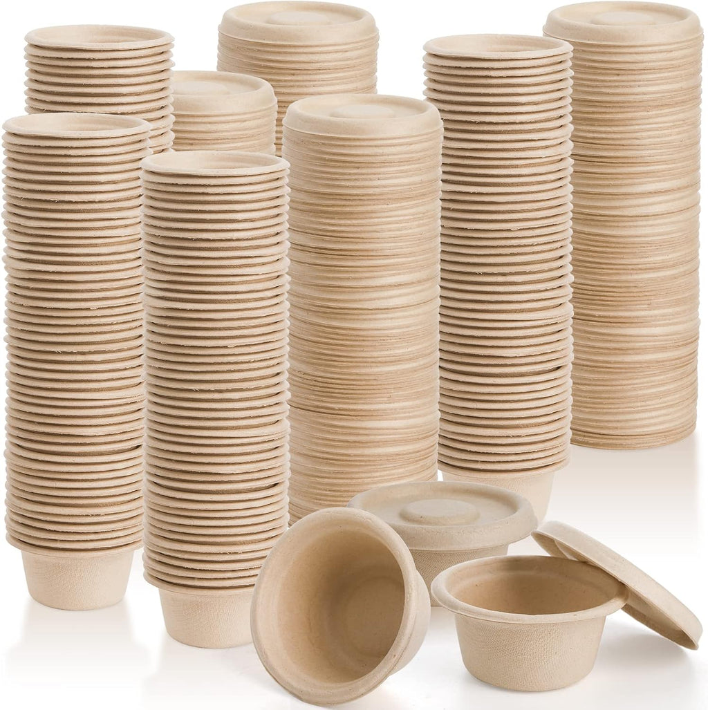 200 Pack 2 oz Natural Bagasse Fiber Cups with Lids, 2.3'' x 1.1''(H) x 1.6'' Paper Tasting Cups Disposable Sample