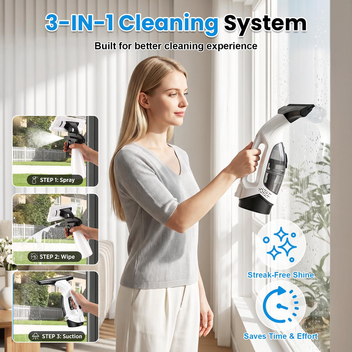 Window Vacuum Squeegee with Extendable Pole, Electric Window Cleaner Tool