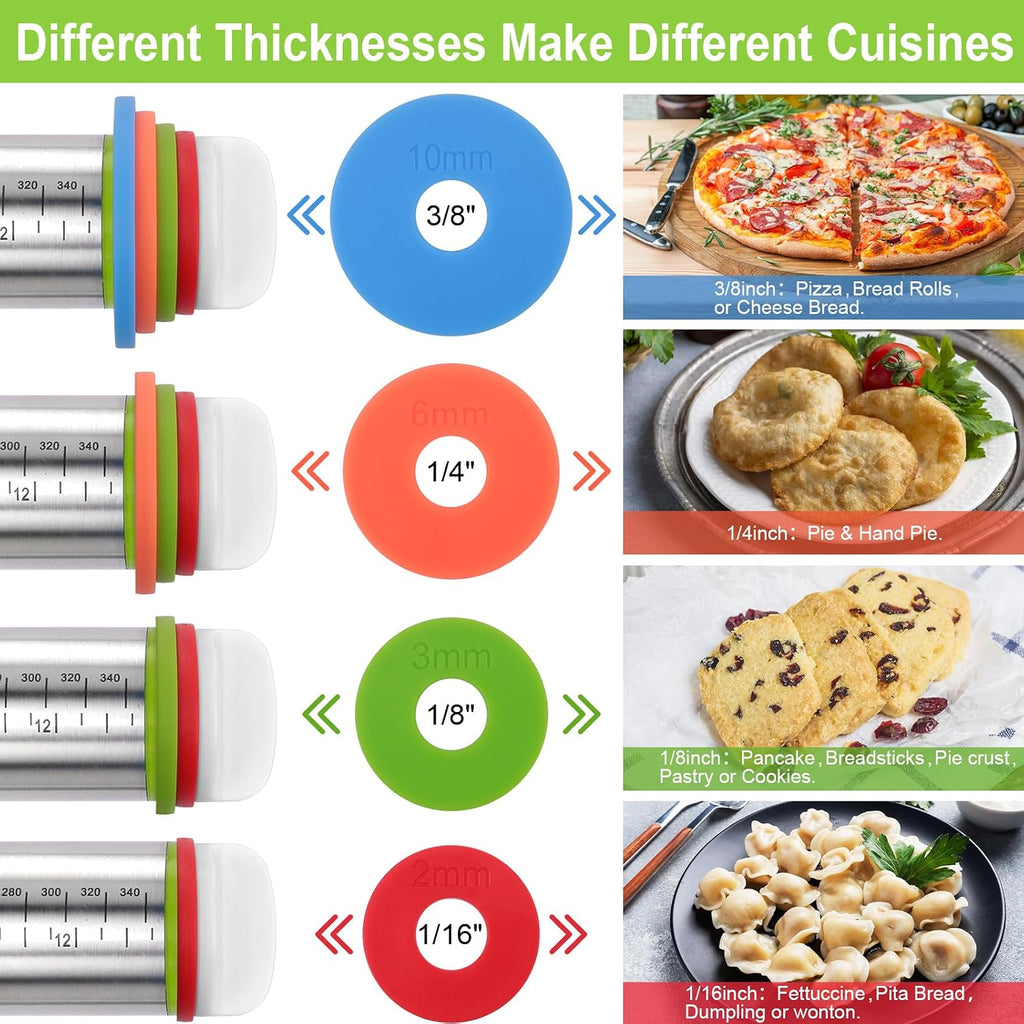 Adjustable Rolling Pin with Thickness Rings for Baking, Stainless Steel Designs Dough Roller Pins for Cookie