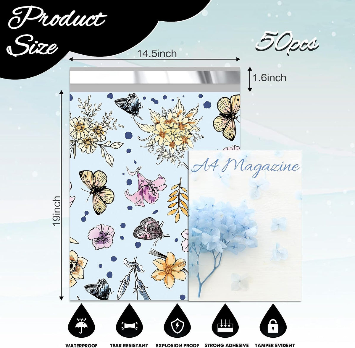 Cute Poly Mailers 14.5x19 Inch 50 Pcs, Butterfly Blossom