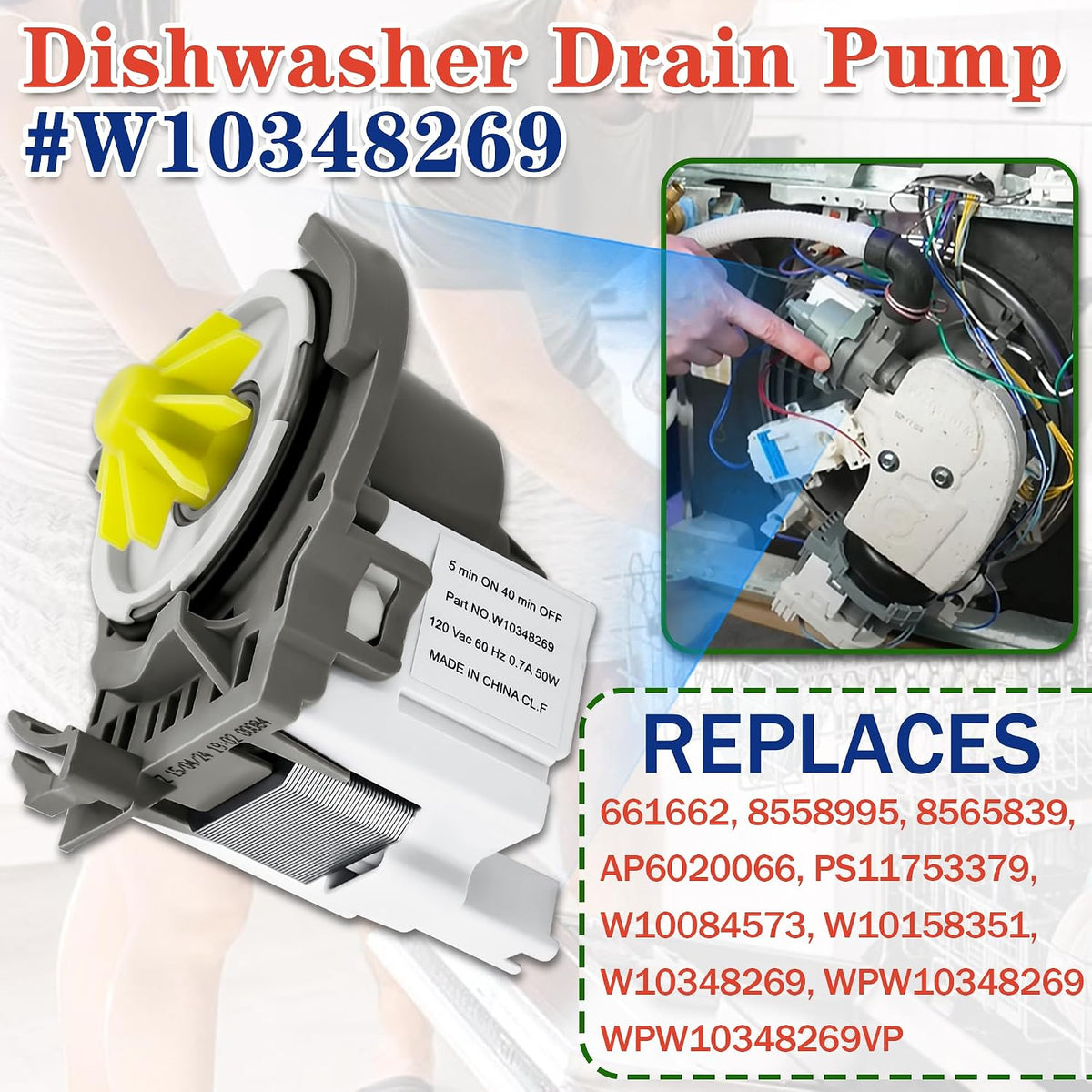 Dishwasher Drain Pump Fit for Whirl-pool WDF560SAFM2 WDF520PADW WDT720PADB2 WDTA50SAHZ0 WDT730PAHZ0 WDF520PADB3 WDT970SAHZ0 WDT710PAHZ1 WDT970SAHV0 WDT720PADM2 WDT750SAHZ0 WDP350PAAW5 WDF330PAHT0