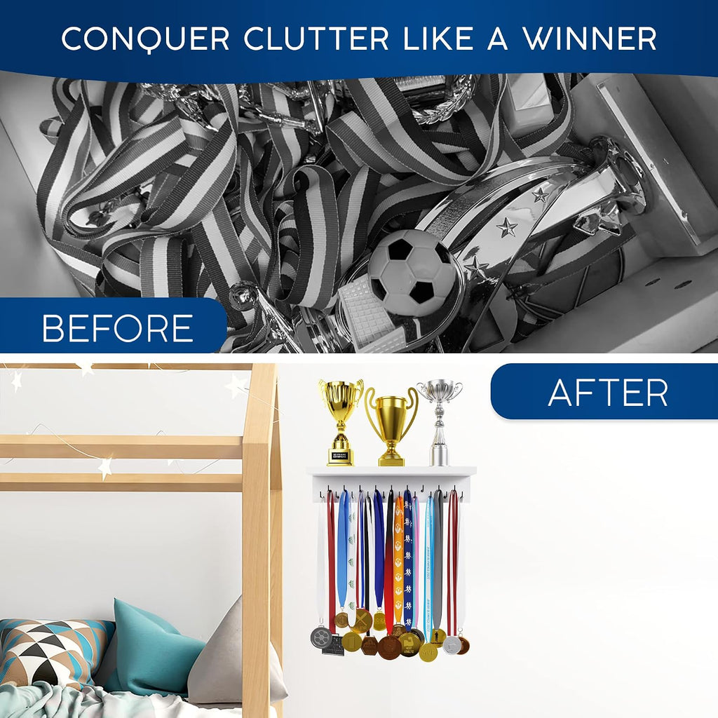 Medal Hanger Display and Trophy Shelf with Hooks - Wooden Medal Holder for Wall Mount Ribbon Display, Trophy Display