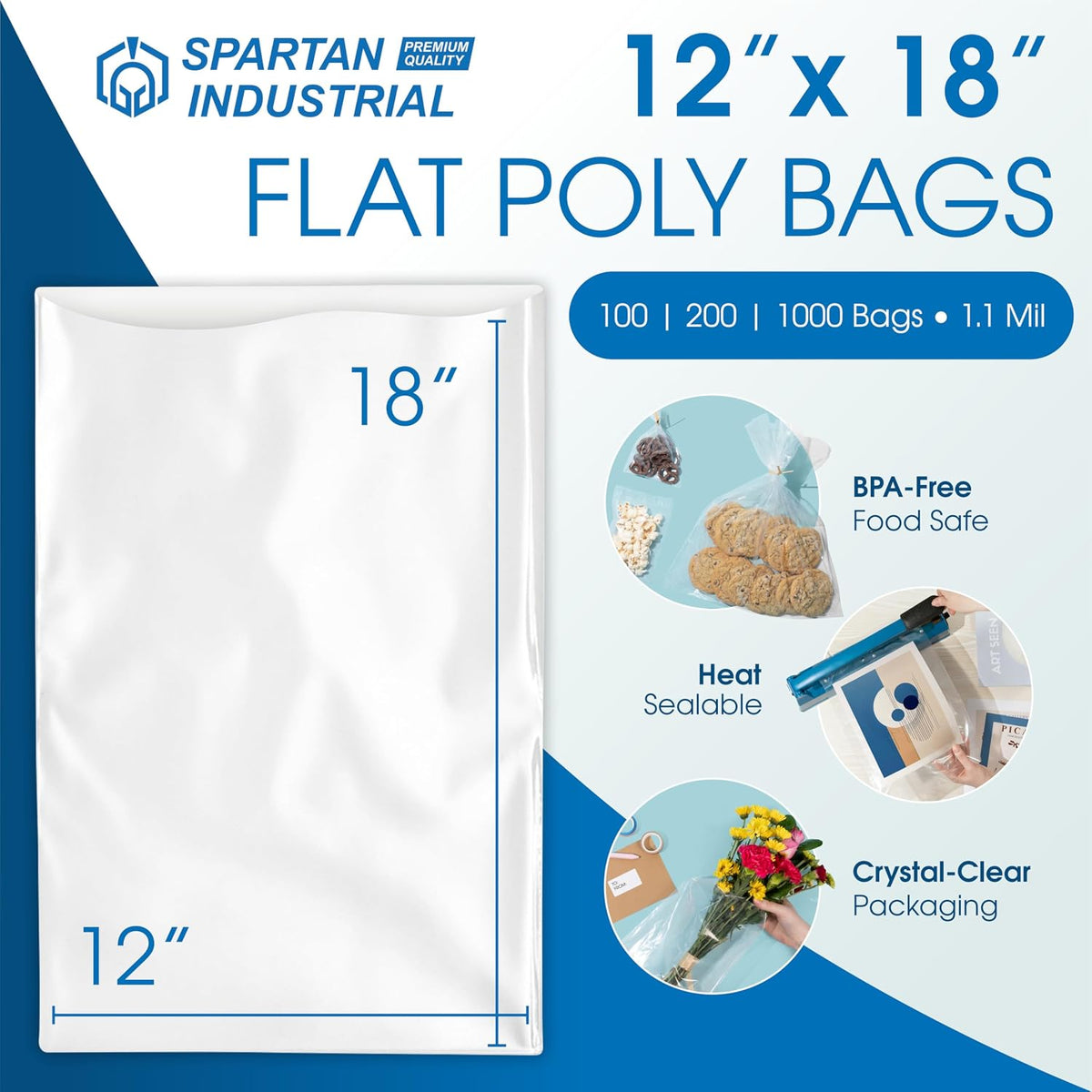 12" X 18" Open-End Flat Clear Poly Bags (100 Count) - 1.1 Mil
