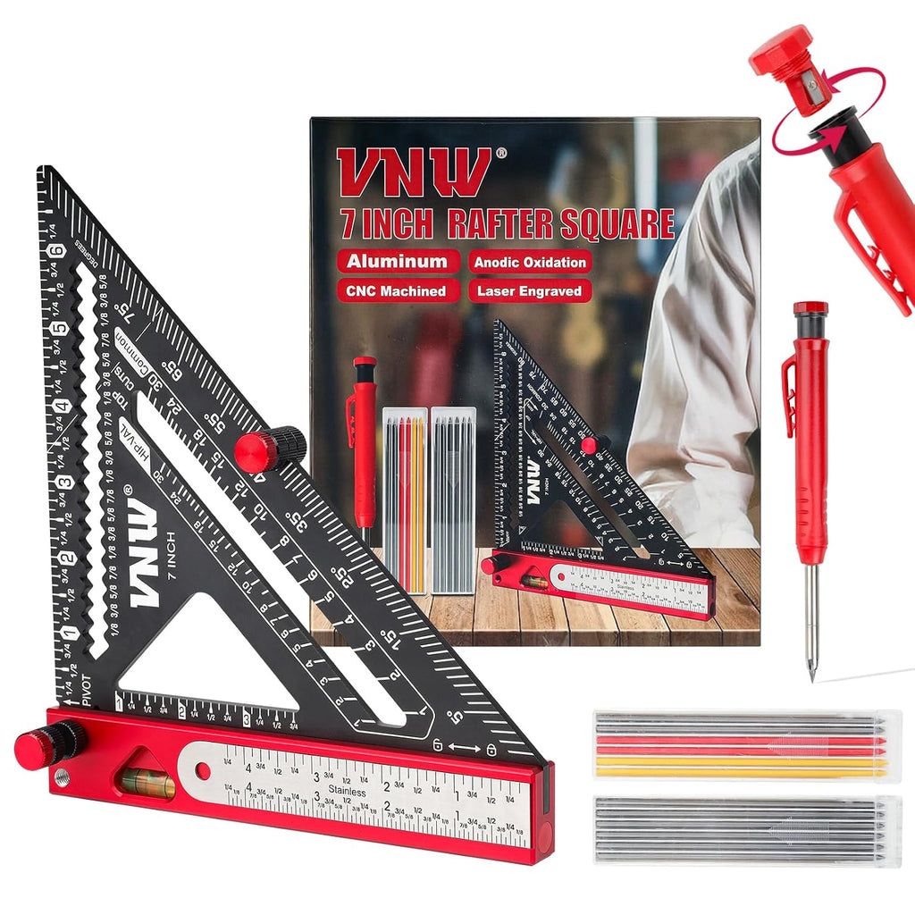 6 in 1 Rafter Square with Carpenter Pencil, 7in Rafter Square Multi-Purpose Carpenter Tools:Square,Protractor, 1/16"