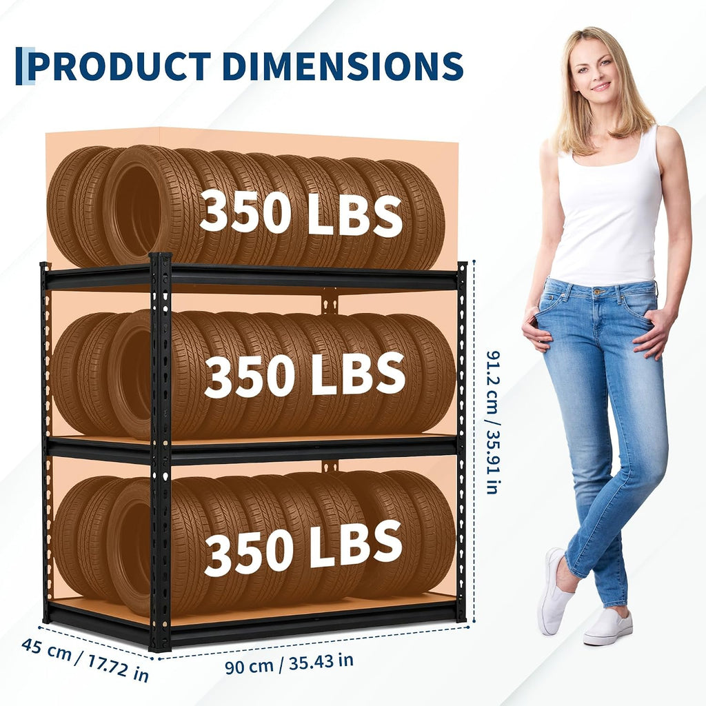 3-Tier Storage Shelving Unit, 36" W x 18" D x 36" H, Carbon Steel Utility Shelves, 1500 lbs Load Capacity, Adjustable