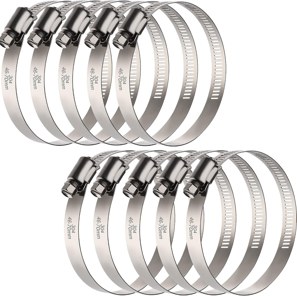 2.5 Inch Hose Clamps, Adjustable 1-13/16"-2-3/4"(46-70mm), 10 PCS | 304 Stainless Steel, Rust Resistant, Large Worm