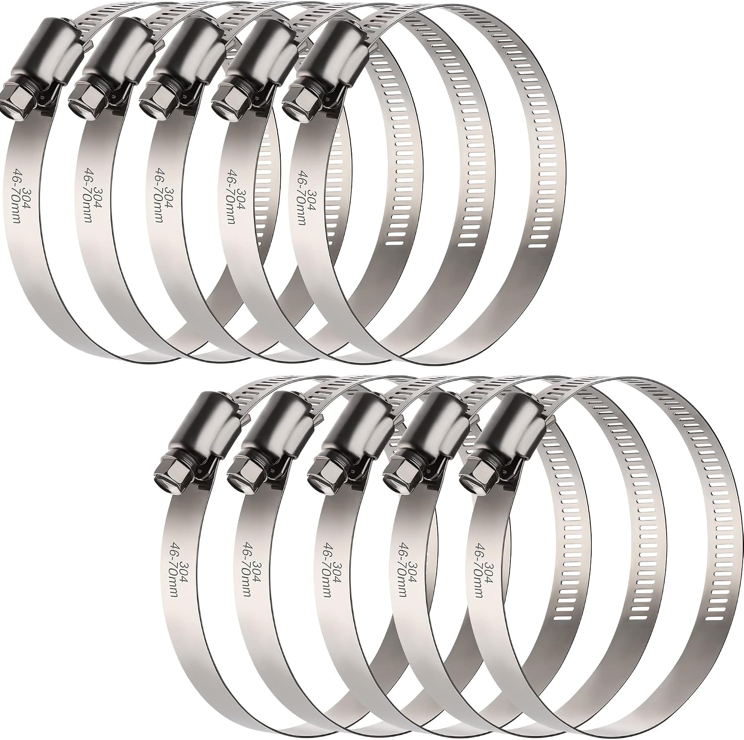 2.5 Inch Hose Clamps, Adjustable 1-13/16"-2-3/4"(46-70mm), 10 PCS | 304 Stainless Steel, Rust Resistant, Large Worm