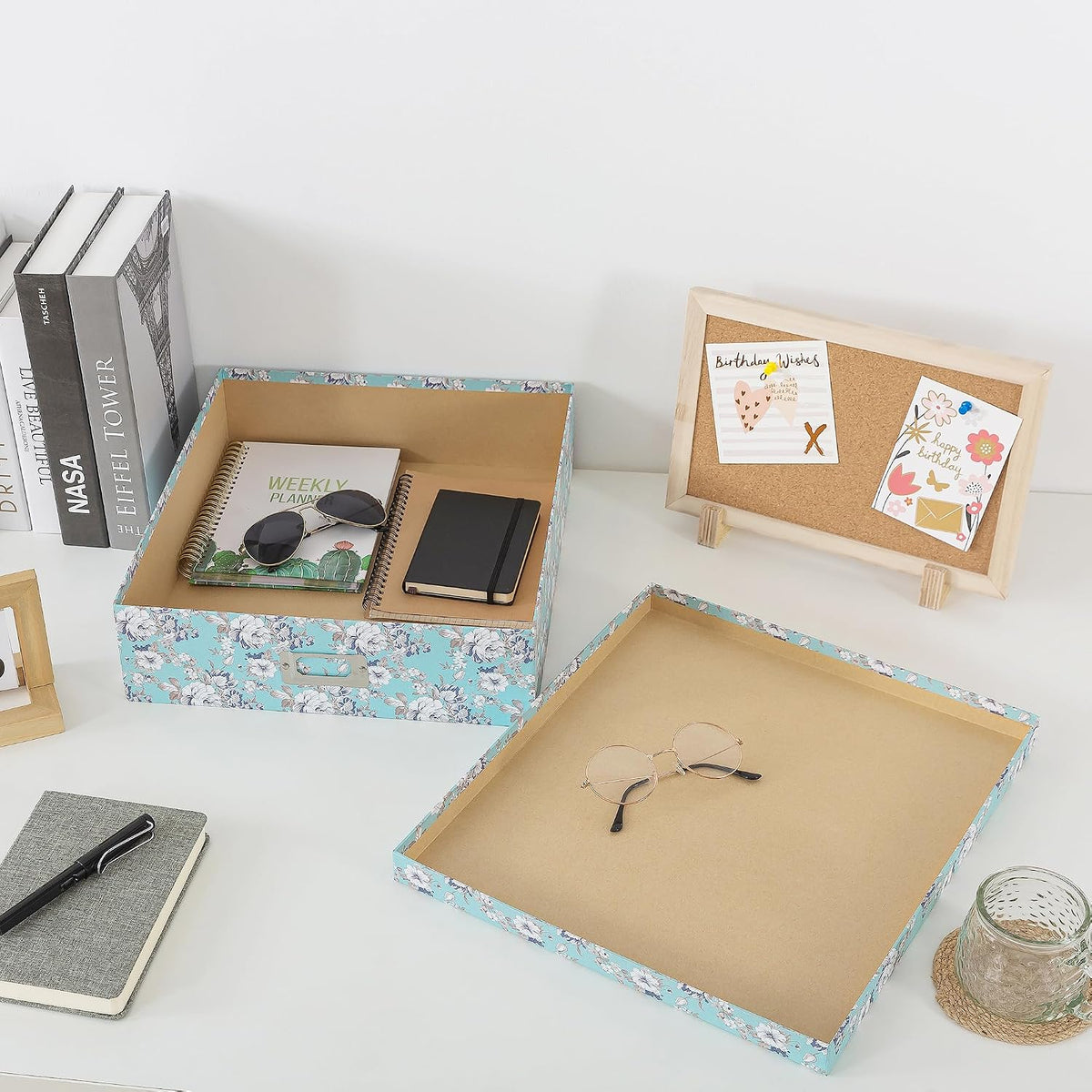 Floral Photo Storage Box, 14.8x13x3.7 In, Blue Cottage