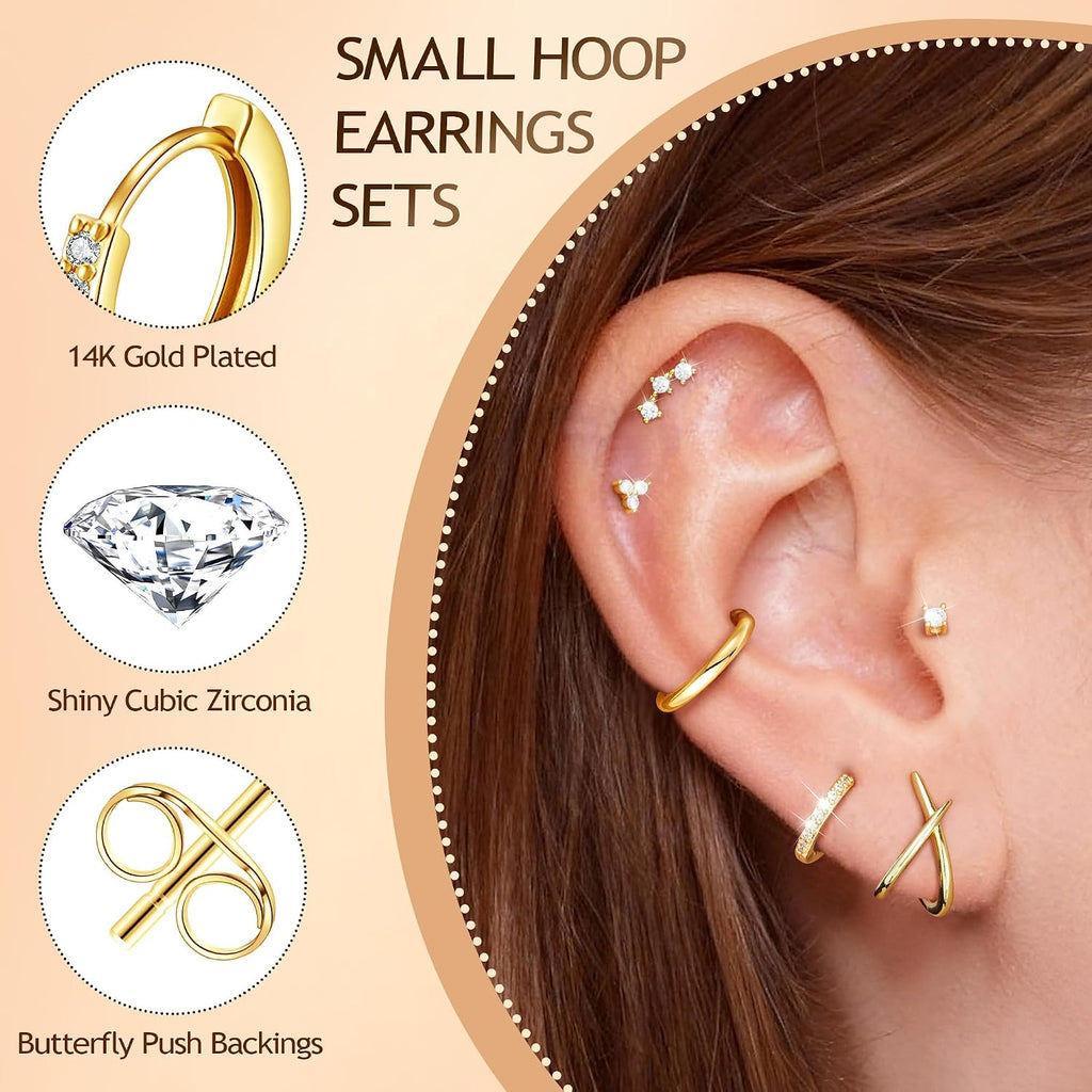 7 Pairs Gold Earrings for Women - Hypoallergenic 14K Gold Plated Stud & Hoop Cartilage Earring Sets Lightweight Helix