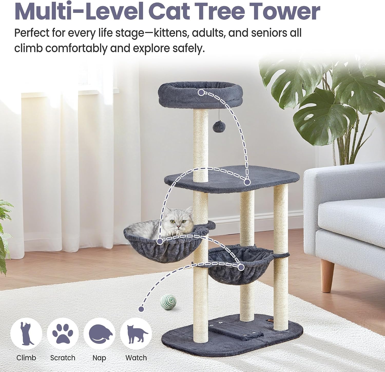 Small Cat Tree Tower with Lots of Scratching Posts - 42 Inch Medium Compact Cats Scratch House with Hammock Perch for