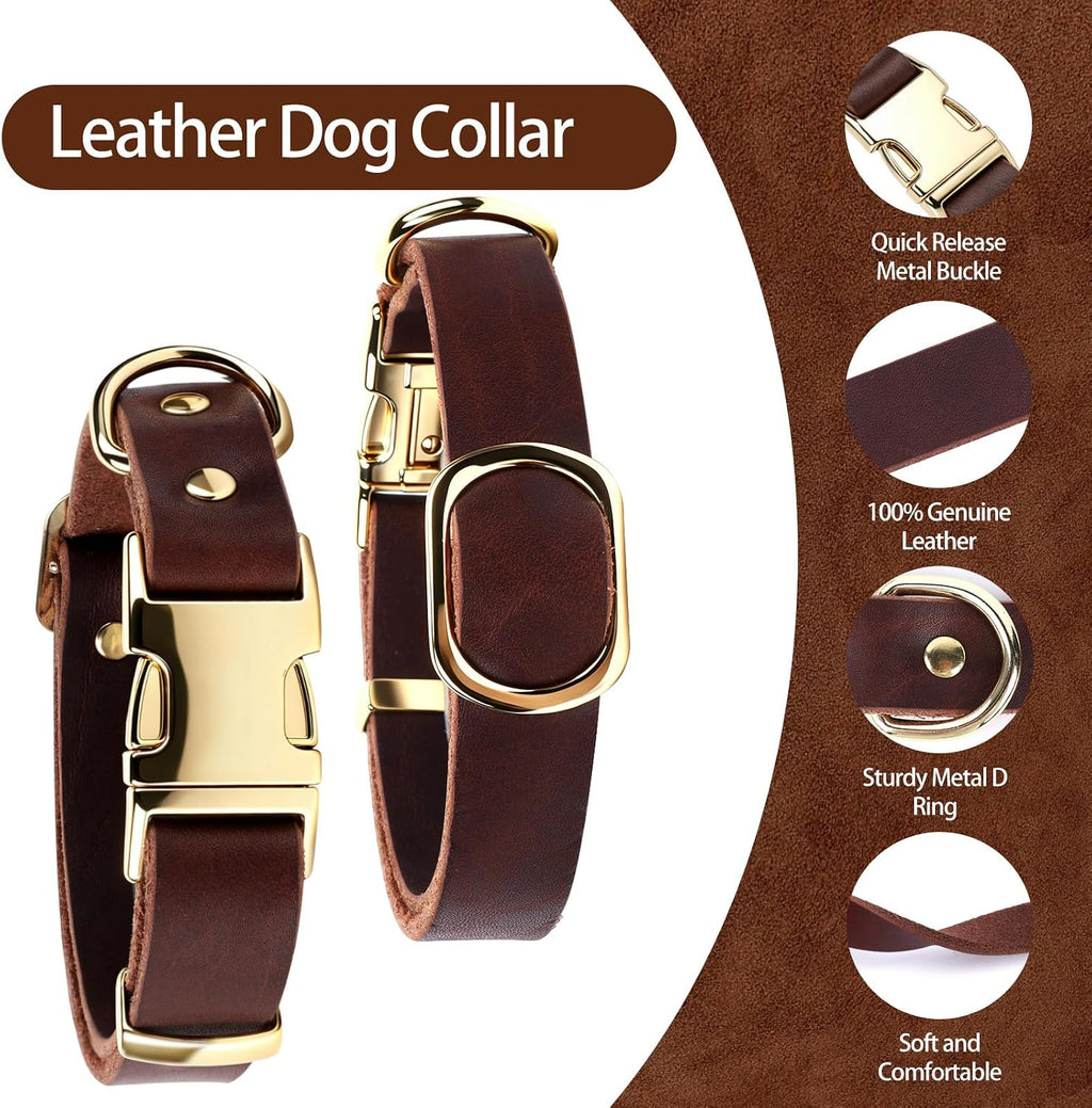 Leather Dog Collar and Leash Set, 6FT Heavy Duty Leather Training Leash with Adjustable Dog Collar, Soft and Durable