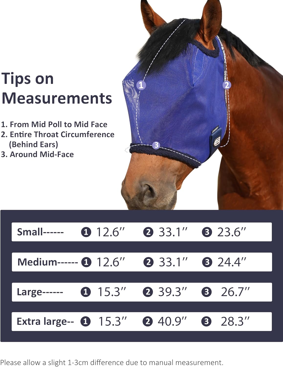 All-Round Mesh Horse Fly Mask UV Protective with Fleece-Padded Edging Deep Navy L