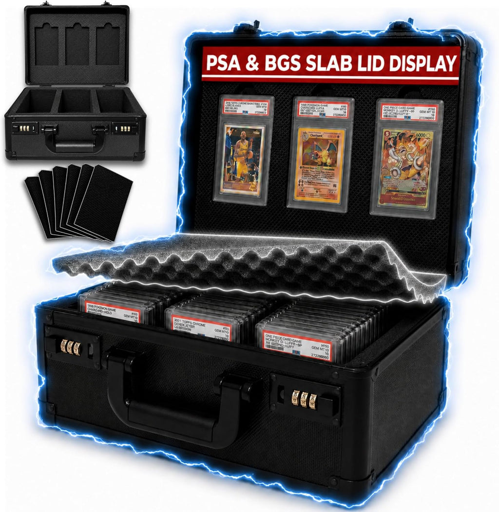 3-Row Graded Card Case - Graded Card Storage Box with Combination Lock | PSA slab case with lid display and 6 foam