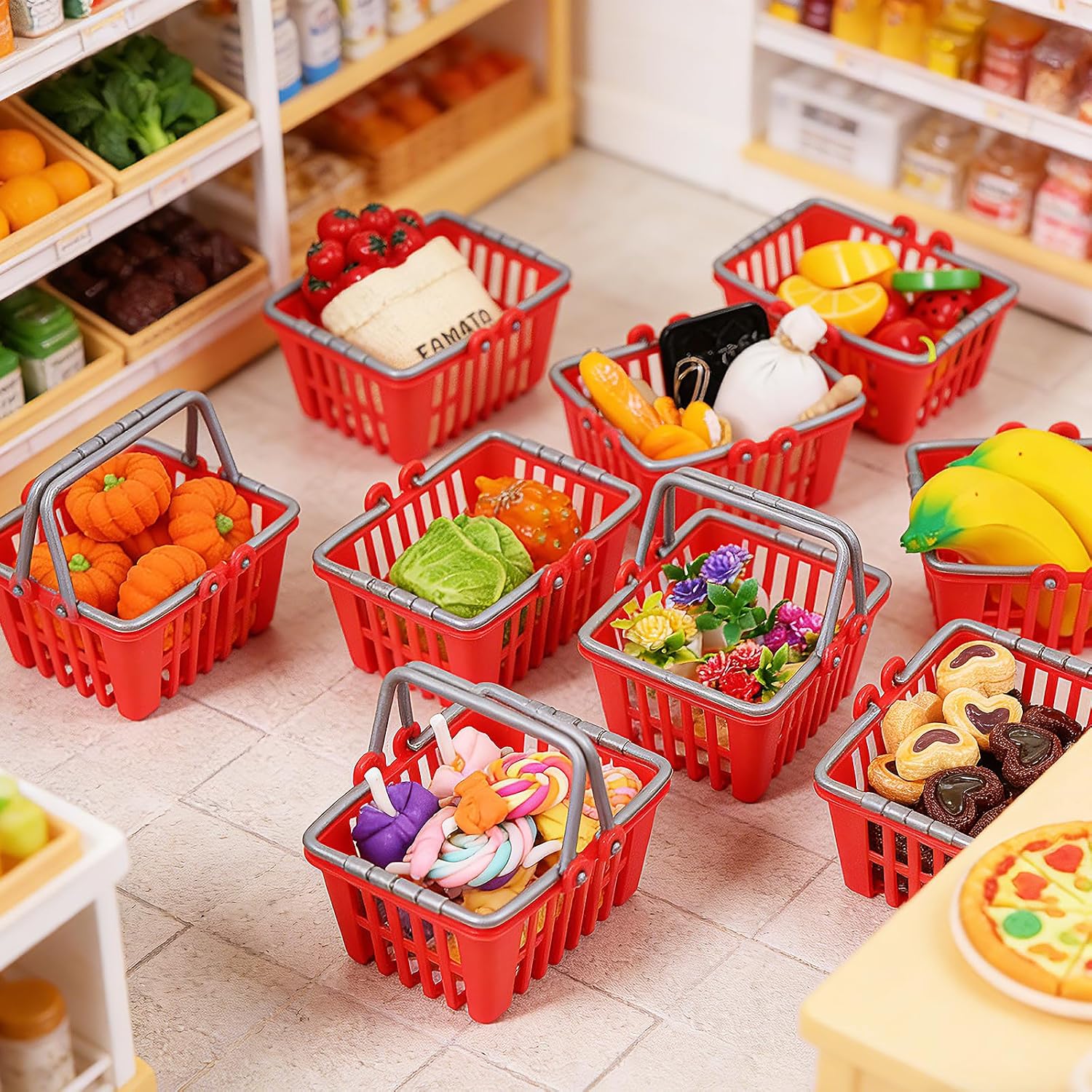 20pcs Mini Shopping Baskets, Plastic Grocery Baskets with Handles | Red Mini baskets for kids pretend play, dollhouse