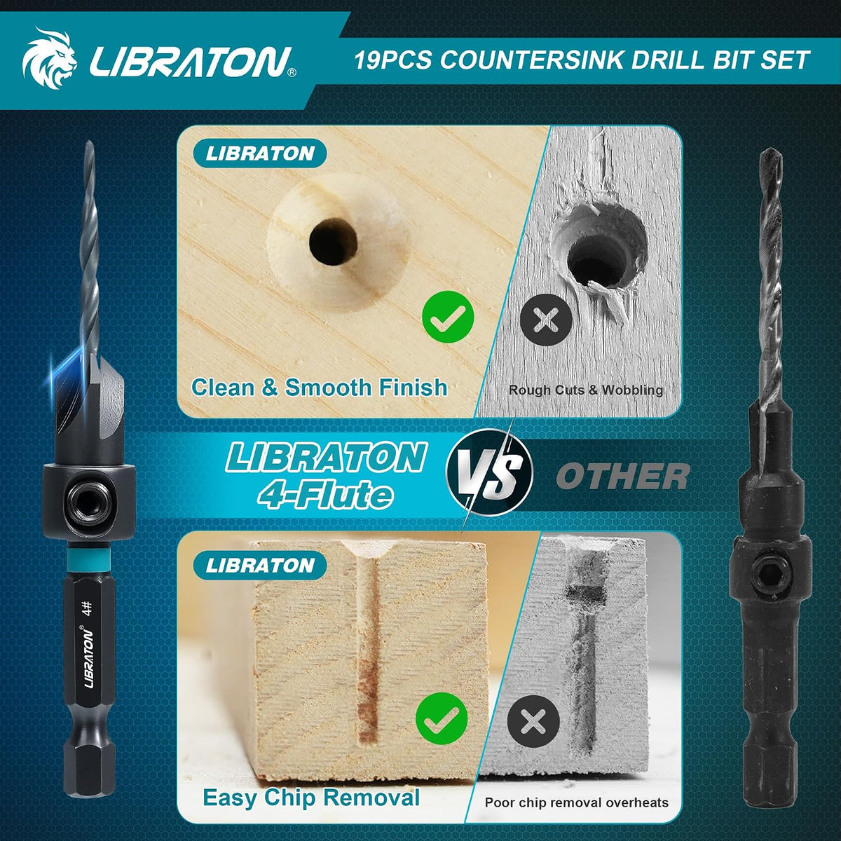 LIBRATON Countersink Drill Bit Set, 19PCS Tapered Wood Drill Bit Set